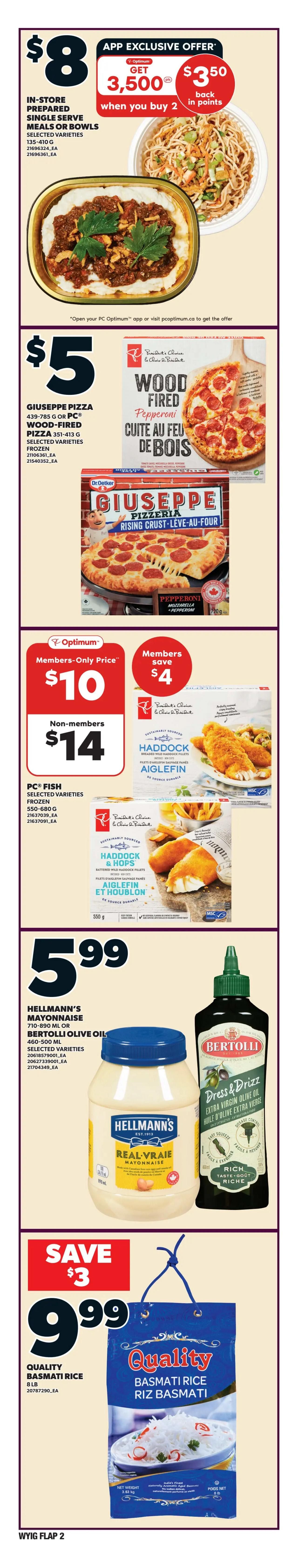 Independent flyer page 3 featuring various grocery specials. Save 45% on Pork Loin Combination Chops Sirloin and Rib Portion at $3/lb. Save 31% on Boneless, Skinless Chicken Breasts, Family Size, for $6.88/lb. SeaQuest Frozen Bay Scallops are 2 for $12. SeaQuest Wild Pacific Cod Fillets are 2 for $16. Raspberries are $2.49 per half pint. Asparagus is $2.99/lb. Farmer's Market Avocados are 6 for $3.49. No Name Flour, all-purpose or whole wheat, 2.5 kg, is $3. Breyers Creamery Style Ice Cream, 1.41 L, or Popsicle Novelties, 300-600 g, are 2 for $10. President's Choice Strawberries, sliced, are $4.98. Dairyland Butter, salted or unsalted, 454 g, is $4.98. Save up to 50% on Jamieson Vitamins or Supplements, selected varieties and sizes. Cascade Action Pacs, 39-48's, or Gain Laundry Detergent, 1.42-3.29 L, or Bounce Sheets, 240's, are $6.50. Purex Bathroom Tissue, 12 double rolls, or Scotties Facial Tissue, 6's, selected varieties, are $5.99. Prices effective February 19th to February 25th, 2026. Excludes Saskatchewan locations.