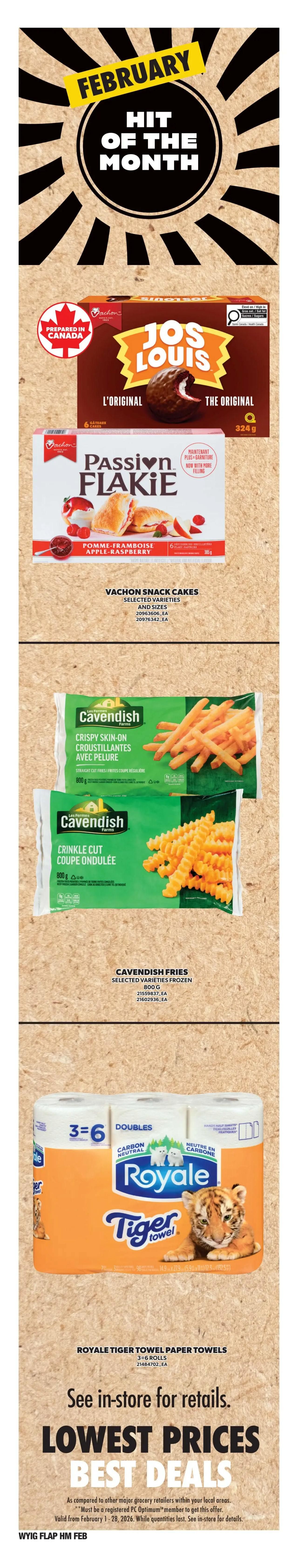 Independent flyer page 7 features February's Hit of the Month. Featured products include Vachon Jos Louis cakes, Vachon Passion Flakie Apple-Raspberry snack cakes, Cavendish Crispy Skin-On Straight Cut Fries (800g), Cavendish Crinkle Cut Fries (800g), and Royale Tiger Towel Paper Towels (3=6 doubles). Prices are not displayed, with a note to 'See in-store for retails. Lowest Prices Best Deals'.
