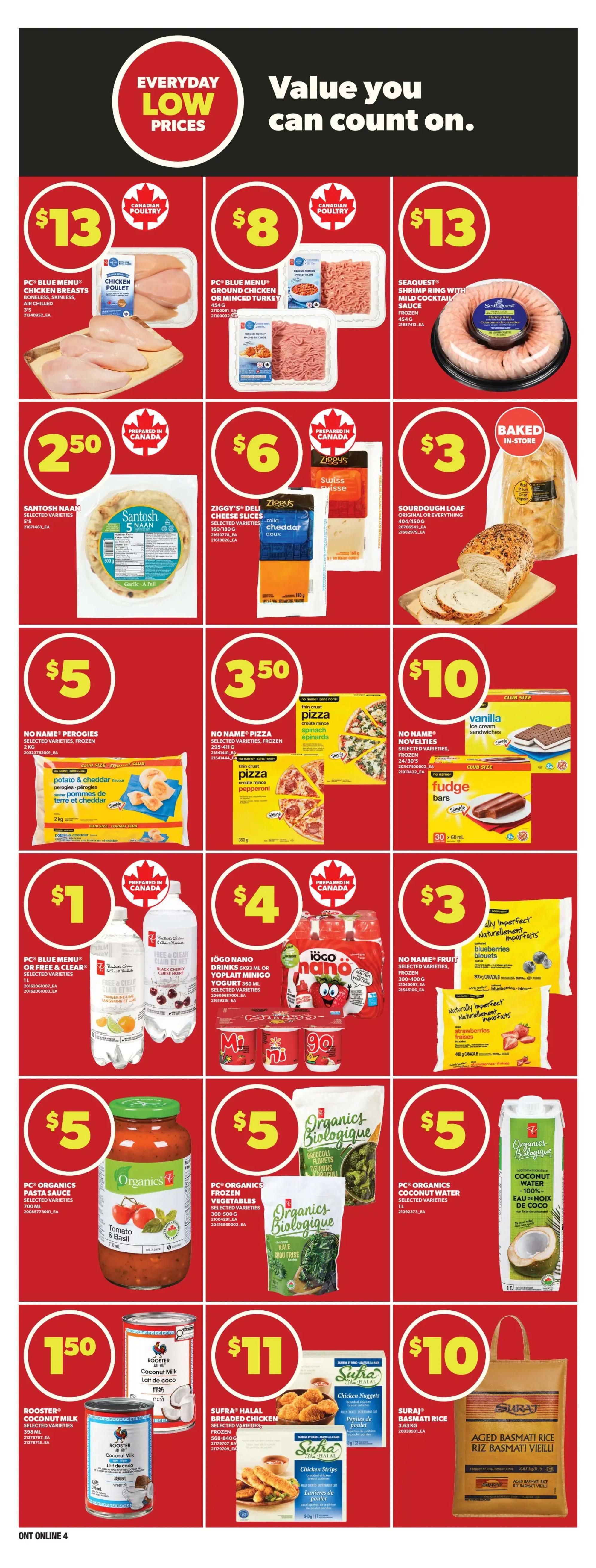 Loblaws weekly flyer specials page 12 features everyday low prices. Top row includes PC Blue Menu Chicken Breasts for $13, PC Blue Menu Ground Chicken or Minced Turkey for $8, and Seaquest Shrimp Ring with Mild Cocktail Sauce for $13. Second row showcases Santosh Naan for $2.50, Ziggy's Deli Cheese Slices for $6, and a Sourdough Loaf for $3. The third row offers No Name Perogies for $5, No Name Pizza for $3.50, and No Name Novelties Vanilla Ice Cream Sandwiches for $10. The fourth row highlights PC Blue Menu or Free & Clear beverages for $1, Iögo Nano Drinks and Yoplait Minigo Yogurt for $4, and No Name Fruit Snacks for $3. The bottom row features Rooster Coconut Milk for $1.50, Sufra Halal Breaded Chicken for $11, and Suraj Basmati Rice for $10. Also featured are PC Organics Pasta Sauce for $5, PC Organics Frozen Vegetables for $5, and PC Organics Coconut Water for $5.