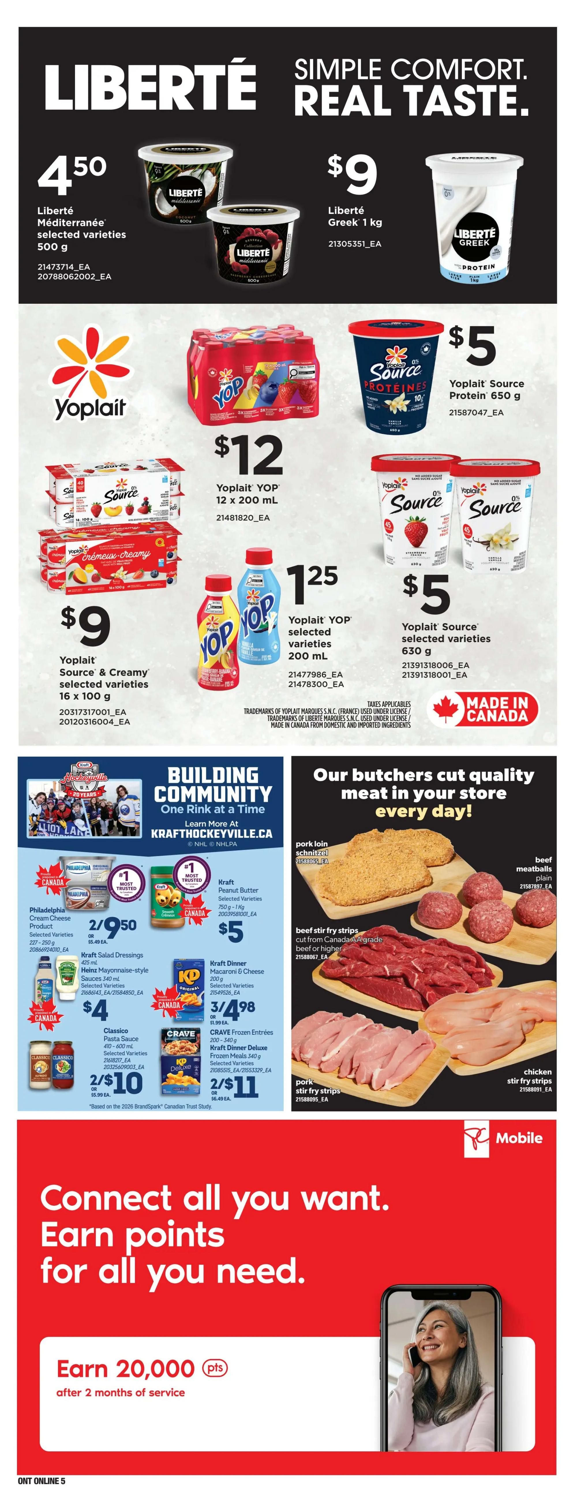 Loblaws Weekly Flyer Specials Page 16 features Liberté Mediterranean selected varieties yogurt at $4.50 for 500g, and Liberté Greek yogurt 1kg at $9. Yoplait products include Yoplait YOP selected varieties 200ml for $1.25, Yoplait Source & Creamy selected varieties 16 x 100g for $9, Yoplait Source Protein 650g for $5, and Yoplait Source selected varieties 630g for $5. Yoplait YOP 12 x 200ml is on sale for $12. The page also highlights Kraft Hockeyville and 'Building Community, One Rink at a Time'. Featured Kraft products include Peanut Butter 750g - 1kg for $5, Salad Dressings 425ml for 2 for $9.50 or $5.49 each, and Kraft Dinner Macaroni & Cheese 200g for 3 for $4.98 or $1.99 each. Other items include Philadelphia Cream Cheese Product 227-250g for 2 for $9.50 or $5.49 each, Classico Pasta Sauce 410-600 mL selected varieties for 2 for $10 or $5.99 each, and CRAVE Frozen Entrees 200-340g for 2 for $11 or $6.49 each. A 'Made in Canada' section showcases fresh meats: pork loin schnitzel, beef meatballs (plain), beef stir fry strips (cut from Canada AA grade beef or higher), pork stir fry strips, and chicken stir fry strips. The bottom of the page promotes PC Mobile, offering 20,000 points after 2 months of service.