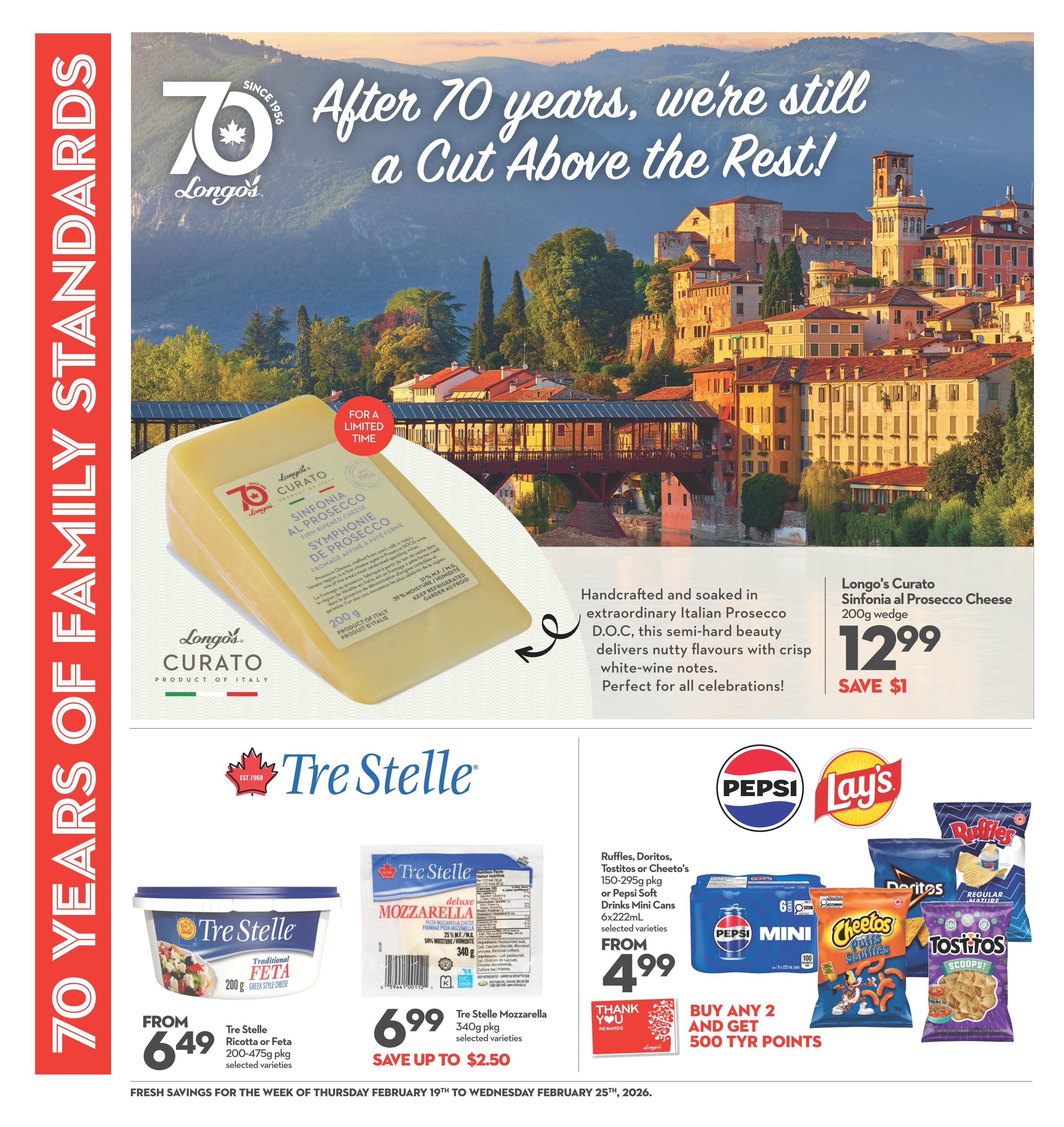 Longo's weekly flyer specials page 6 features Longo's Curato Sinfonia al Prosecco Cheese, a 200g wedge, for $12.99, saving $1. This cheese is handcrafted and soaked in extraordinary Italian Prosecco D.O.C., delivering nutty flavours with crisp white-wine notes, perfect for celebrations. Also featured is Tre Stelle Ricotta or Feta cheese, 200-475g pkg, selected varieties, from $6.49. Tre Stelle Mozzarella, 340g pkg, selected varieties, is on sale for $6.99, saving up to $2.50. In the snack section, buy any 2 Ruffles, Doritos, Tostitos or Cheetos snacks (150-295g pkg) or Pepsi Soft Drinks Mini Cans (6x222mL) selected varieties for $4.99 and get 500 Tyr points. This page highlights Longo's 70 years of family standards.
