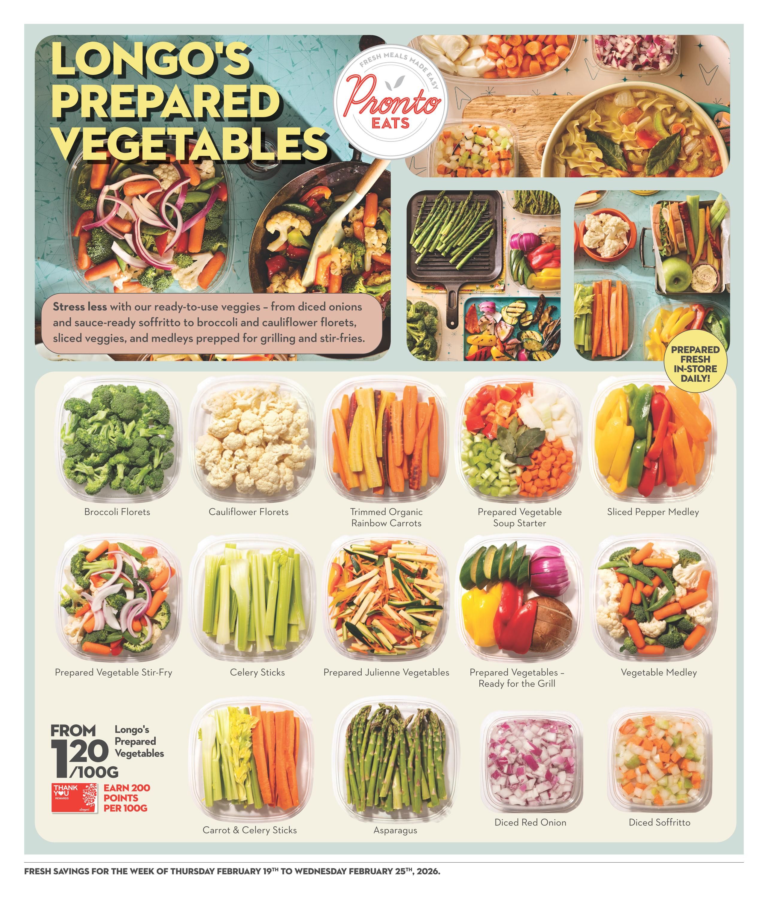 Longo's Prepared Vegetables flyer page featuring a variety of fresh, ready-to-use vegetables. Products include Broccoli Florets, Cauliflower Florets, Trimmed Organic Rainbow Carrots, Prepared Vegetable Soup Starter, Sliced Pepper Medley, Prepared Vegetable Stir-Fry, Celery Sticks, Prepared Julienne Vegetables, Prepared Vegetables - Ready for the Grill, and Vegetable Medley. Also shown are Asparagus, Diced Red Onion, and Diced Soffritto. Special offer: Earn 200 points per 100g on Longo's Prepared Vegetables, priced from $1.20 per 100g. This page highlights fresh meals made easy with Pronto Eats.