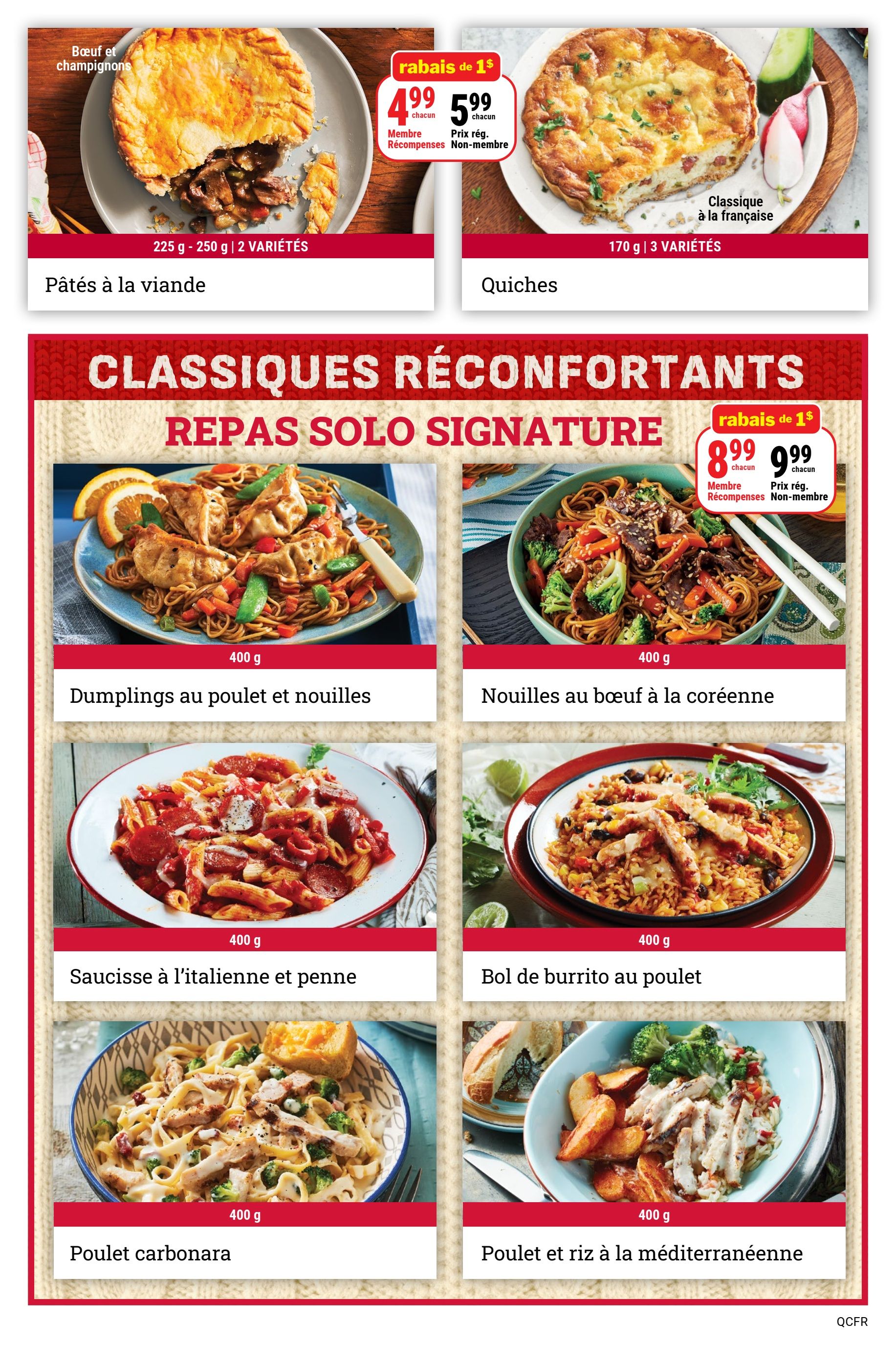 M&M Food Market weekly flyer specials, page 7. Features comfort food classics. Top row: Beef and mushroom pot pie, 225g-250g, 2 varieties, priced at $4.99 each for members or $5.99 each for non-members with a $1 discount. Quiches, 170g, 3 varieties, French classic style. Second row: Chicken and noodle dumplings, 400g. Beef and noodle stir-fry, 400g, priced at $8.99 each for members or $9.99 each for non-members with a $1 discount. Third row: Italian sausage and penne, 400g. Chicken burrito bowl, 400g. Bottom row: Chicken carbonara, 400g. Chicken and Mediterranean rice, 400g.