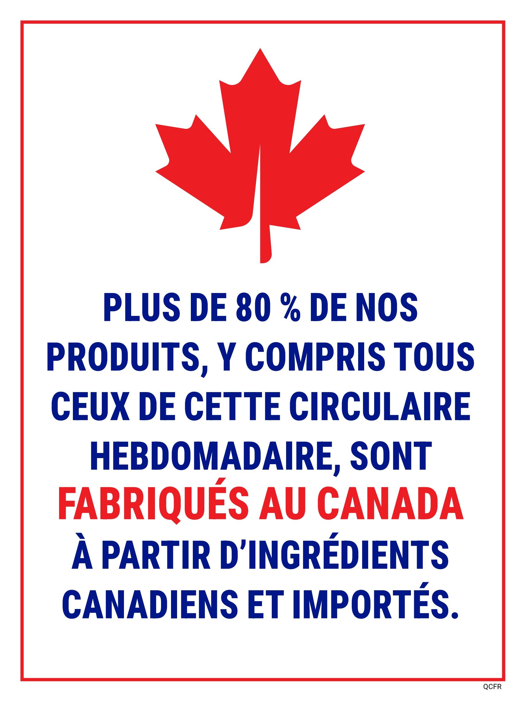M&M Food Market flyer, page 10. Features a large red maple leaf, the symbol of Canada. Text states that over 80% of products, including those in this weekly flyer, are made in Canada from Canadian and imported ingredients.