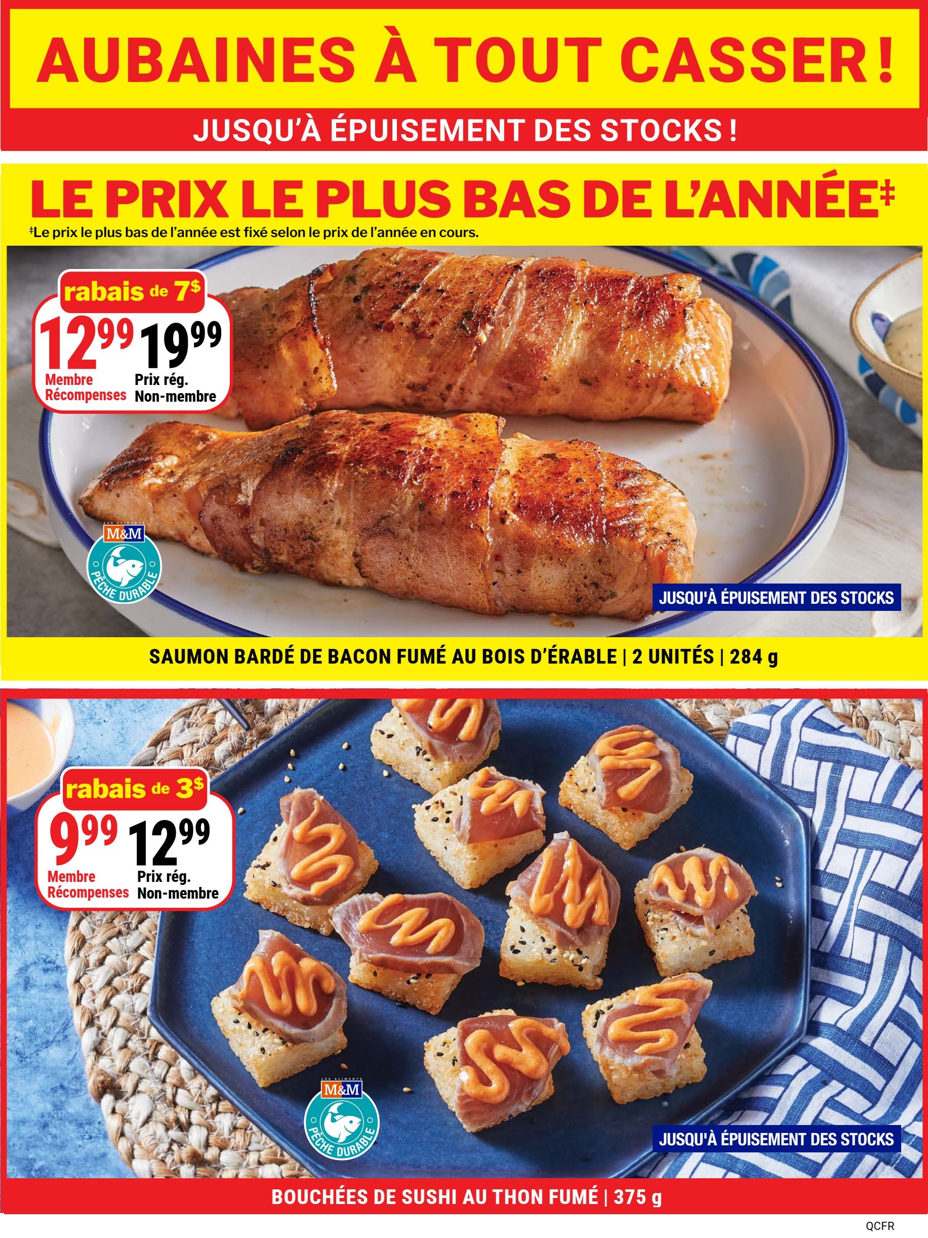 M&M Food Market weekly flyer specials page 11. Featuring 'Amazing Deals! While stocks last!' and 'The Lowest Price of the Year!'. Top item: Maple Smoked Bacon Wrapped Salmon, 2 units, 284 g, on sale for $12.99 (regular price $19.99), a $7 discount for members. Bottom item: Smoked Tuna Sushi Bites, 375 g, on sale for $9.99 (regular price $12.99), a $3 discount for members. Both items are available while stocks last.