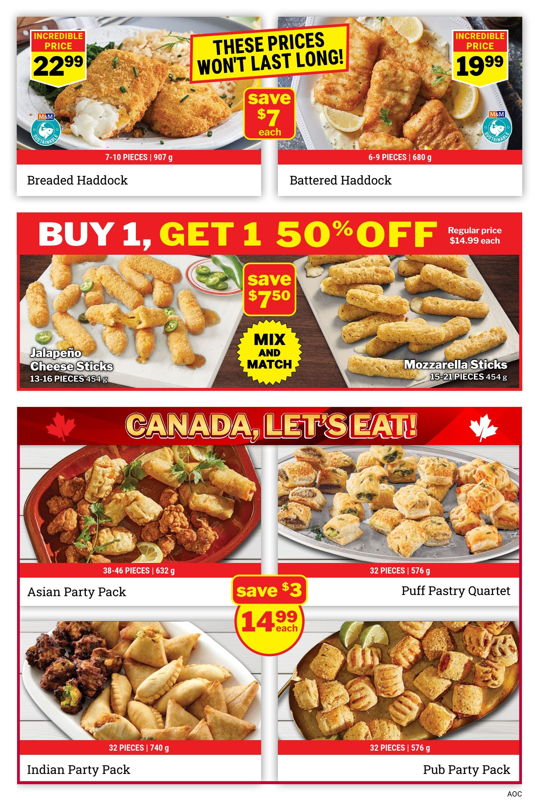M&M Food Market flyer page 2 specials: Breaded Haddock (7-10 pieces, 907 g) for an incredible price of $22.99, and Battered Haddock (6-9 pieces, 680 g) for an incredible price of $19.99. Both offer a save of $7 each. Featured is a Buy 1, Get 1 50% off deal on Jalapeño Cheese Sticks (13-16 pieces, 454 g) and Mozzarella Sticks (15-21 pieces, 454 g), with a regular price of $14.99 each and a save of $7.50. Also on sale is the 'Canada, Let's Eat!' selection including Asian Party Pack (38-46 pieces, 632 g), Puff Pastry Quartet (32 pieces, 576 g), Indian Party Pack (32 pieces, 740 g), and Pub Party Pack (32 pieces, 576 g). The Indian Party Pack and Pub Party Pack are on sale for $14.99 each, with a save of $3.