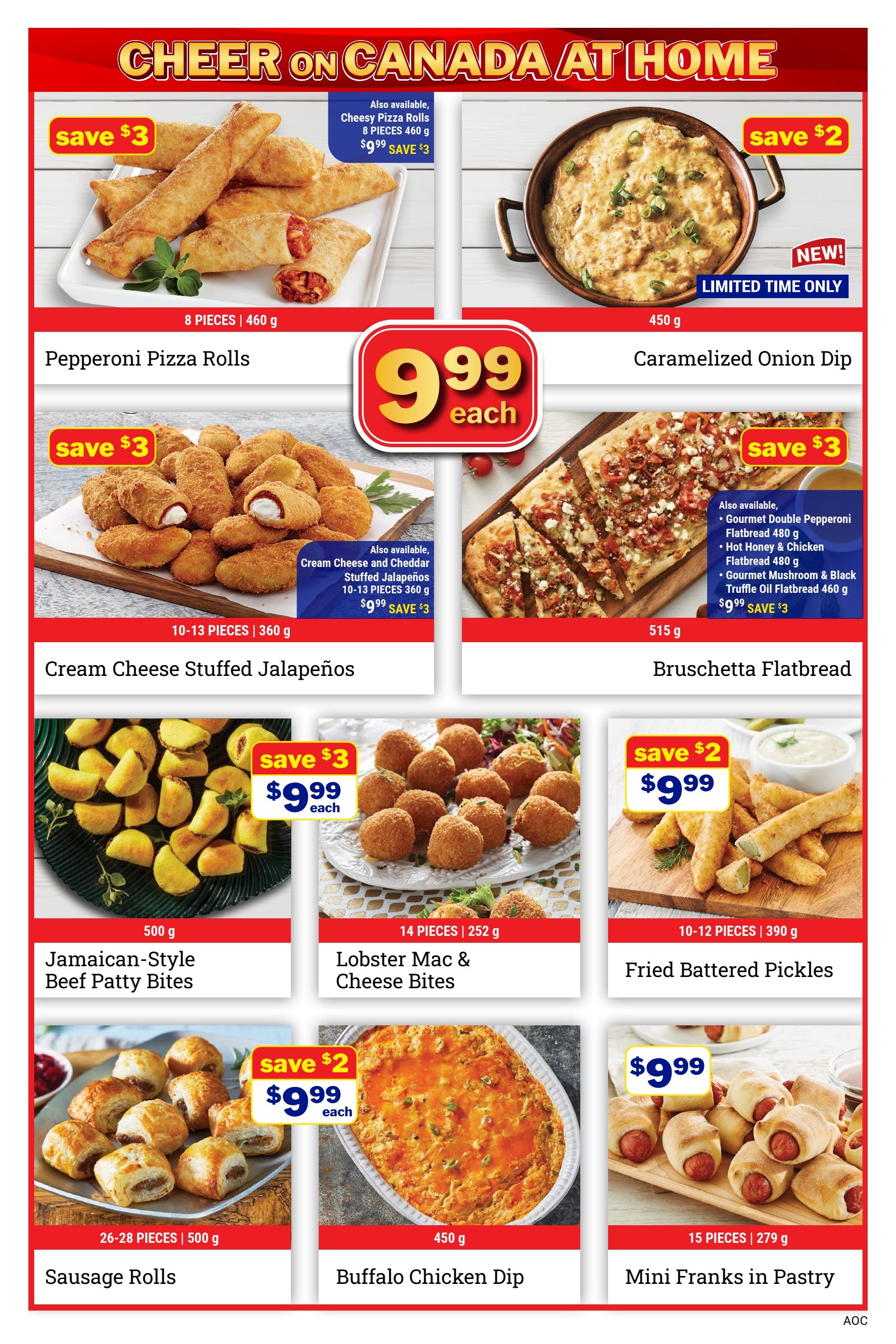 M&M Food Market weekly flyer specials page 3 features a variety of appetizers and dips. Top row includes Pepperoni Pizza Rolls, 8 pieces for $9.99 each, save $3, and Caramelized Onion Dip, 450g, for $9.99, save $2, new and limited time only. Middle row showcases Cream Cheese Stuffed Jalapeños, 10-13 pieces for $9.99 each, save $3, and Bruschetta Flatbread, 515g, for $9.99, save $3, with other flatbread varieties available. Bottom row features Jamaican-Style Beef Patty Bites, 500g, for $9.99 each, save $3; Lobster Mac & Cheese Bites, 14 pieces for $9.99 each, save $3; Fried Battered Pickles, 10-12 pieces for $9.99 each, save $2; Sausage Rolls, 26-28 pieces for $9.99 each, save $2; Buffalo Chicken Dip, 450g, for $9.99 each; and Mini Franks in Pastry, 15 pieces for $9.99 each.