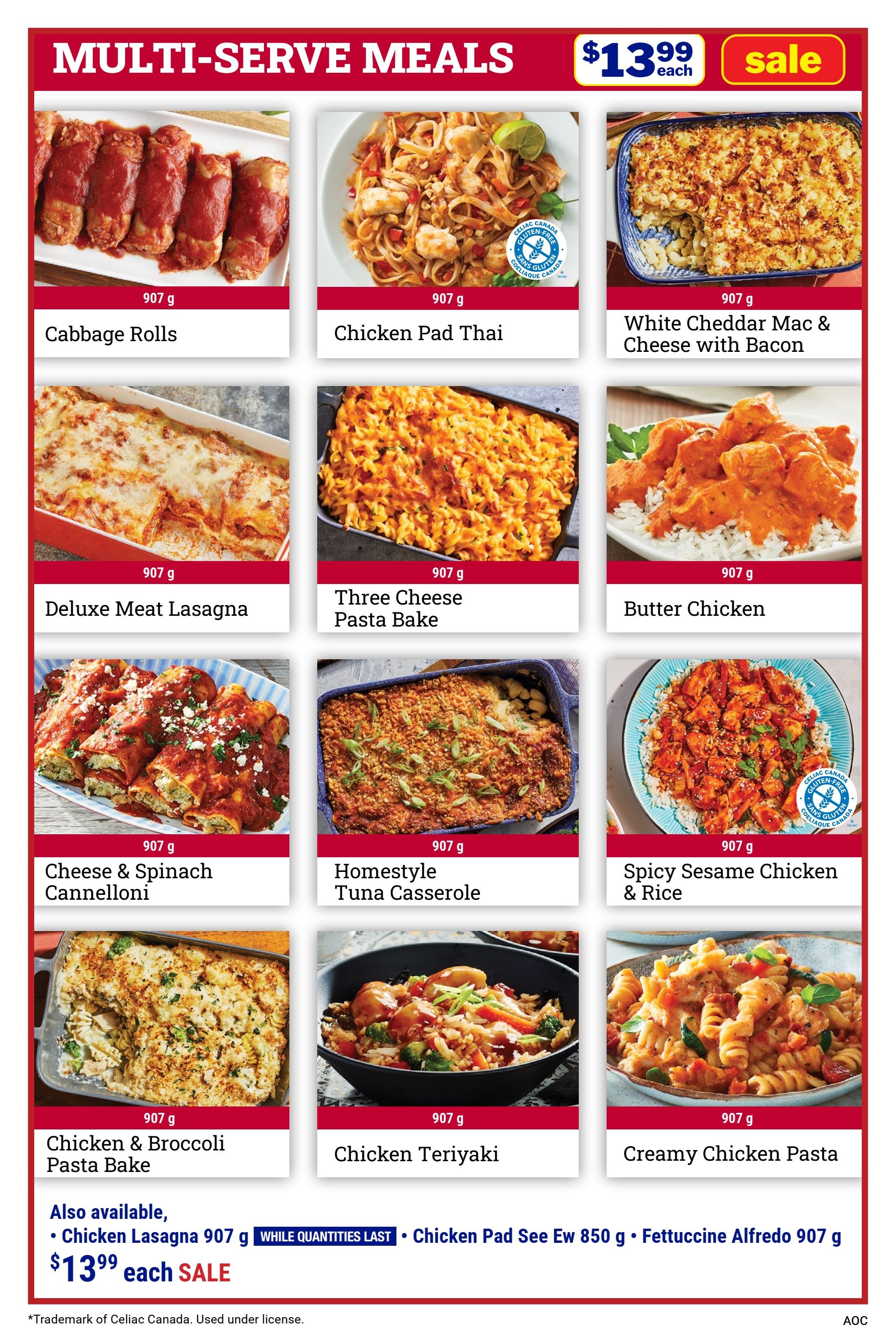 M&M Food Market weekly flyer specials page 5 features 'Multi-Serve Meals' with a sale price of $13.99 each. Pictured and available are: Cabbage Rolls (907 g), Chicken Pad Thai (907 g) which is gluten-free, White Cheddar Mac & Cheese with Bacon (907 g), Deluxe Meat Lasagna (907 g), Three Cheese Pasta Bake (907 g), Butter Chicken (907 g), Cheese & Spinach Cannelloni (907 g), Homestyle Tuna Casserole (907 g), and Spicy Sesame Chicken & Rice (907 g) which is gluten-free. Also available while quantities last are Chicken Lasagna (907 g) for $13.99, Chicken Pad See Ew (850 g), and Fettuccine Alfredo (907 g).