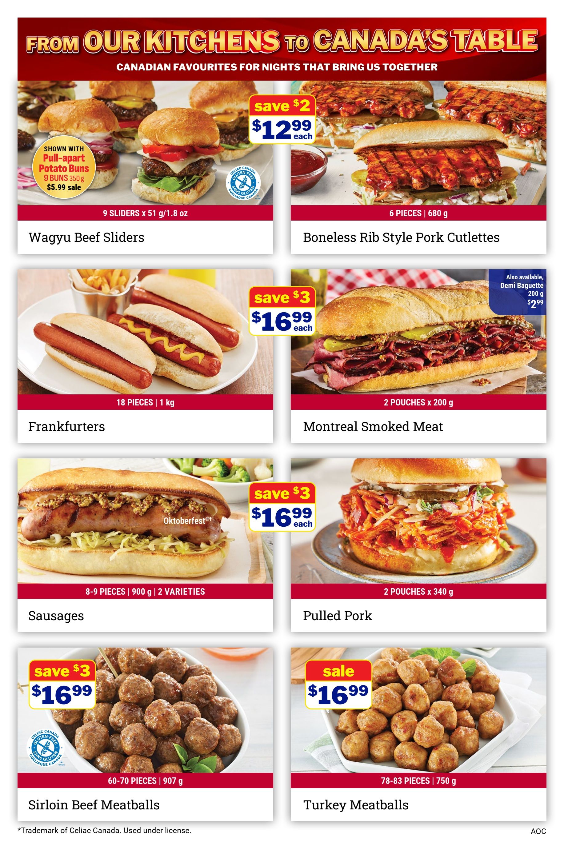 M&M Food Market weekly flyer specials page 6 features Canadian favourites. Top row includes 9 Wagyu Beef Sliders at $12.99 each, save $2, and 6 Boneless Rib Style Pork Cutlettes for $12.99 each, save $2. Middle row showcases 18 Frankfurters for $16.99 each, save $3, and Montreal Smoked Meat sandwiches, with a Demi Baguette available for $2.99. Bottom row features 8-9 Sausages (2 varieties) for $16.99 each, save $3, Pulled Pork (2 pouches x 340 g), 60-70 Sirloin Beef Meatballs (907 g) for $16.99, save $3, and 78-83 Turkey Meatballs (750 g) on sale for $16.99.