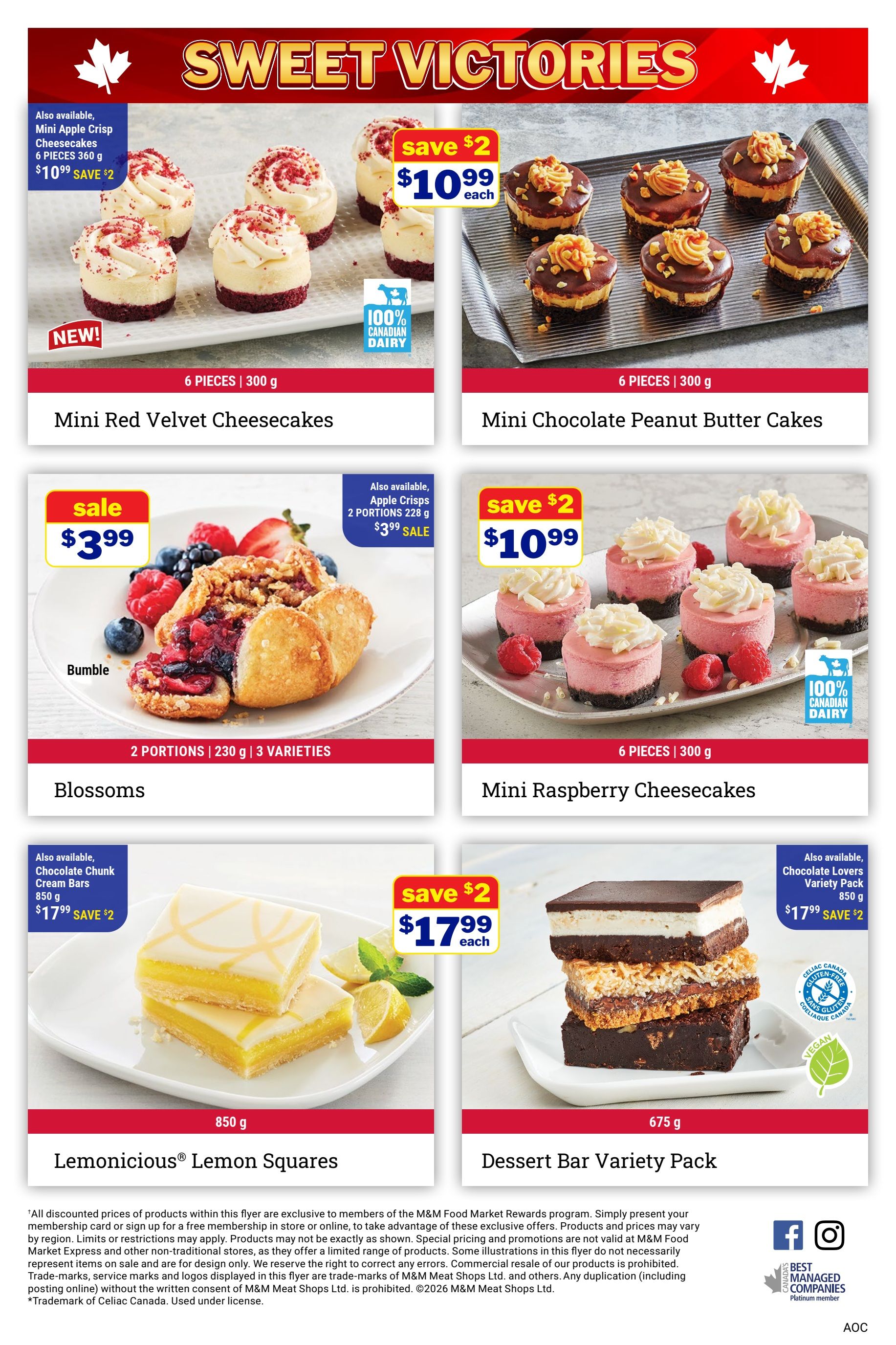 M&M Food Market weekly flyer specials page 8 features a variety of desserts. Top row: Mini Red Velvet Cheesecakes, 6 pieces, 300g, are new and on sale for $10.99, save $2. Mini Chocolate Peanut Butter Cakes, 6 pieces, 300g, are also available. Middle row: Bumble Blossoms, 2 portions, 230g, 3 varieties, are on sale for $3.99. Mini Raspberry Cheesecakes, 6 pieces, 300g, are on sale for $10.99, save $2. Bottom row: Lemonicious Lemon Squares, 850g, are on sale for $17.99, save $2. Dessert Bar Variety Pack, 675g, is also available and features a gluten-free and vegan option.