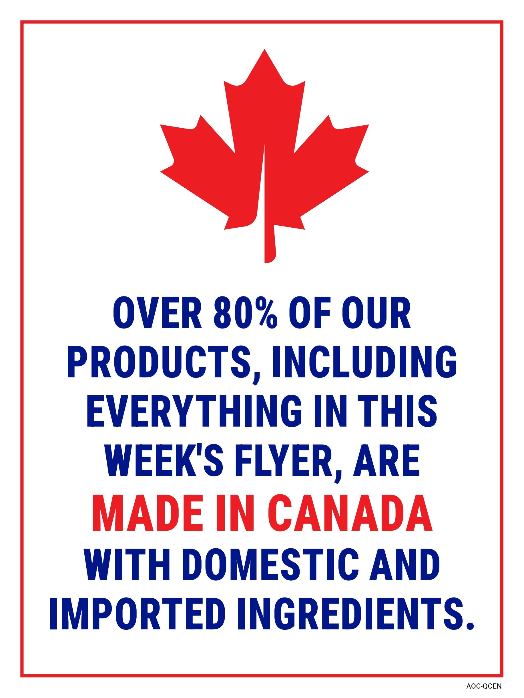 M&M Food Market flyer page 10 features a prominent Canadian maple leaf graphic. The text states that over 80% of their products, including everything in this week's flyer, are made in Canada with domestic and imported ingredients.