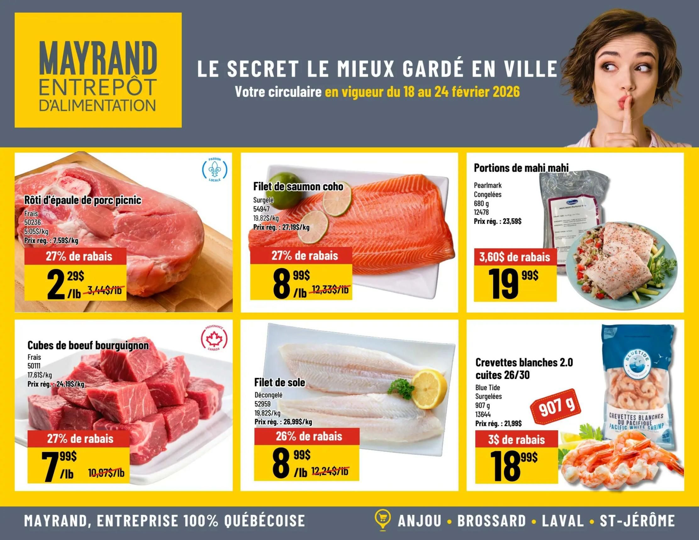 Mayrand Entrepôt D'Alimentation weekly flyer specials from February 18 to February 24, 2026. Page 2 features Rôti d'épaule de porc picnic (picnic pork shoulder roast) fresh, priced at $2.29/lb with 27% off, regularly $3.44/lb. Also available is Filet de saumon coho (coho salmon fillet), frozen, at $8.99/lb with 27% off, regularly $12.33/lb. Portions de mahi mahi (mahi mahi portions), frozen, 680g, are on sale for $19.99, a $3.60 discount from the regular price of $23.59. Cubes de boeuf bourguignon (beef bourguignon cubes), fresh, are $7.99/lb with 27% off, regularly $10.97/lb. Filet de sole (sole fillet), frozen, is $8.99/lb with 26% off, regularly $12.24/lb. Blue Tide crevettes blanches 2.0 cuites 26/30 (cooked white shrimp 26/30), frozen, 907g, are $18.99 with a $3 discount from the regular price of $21.99.