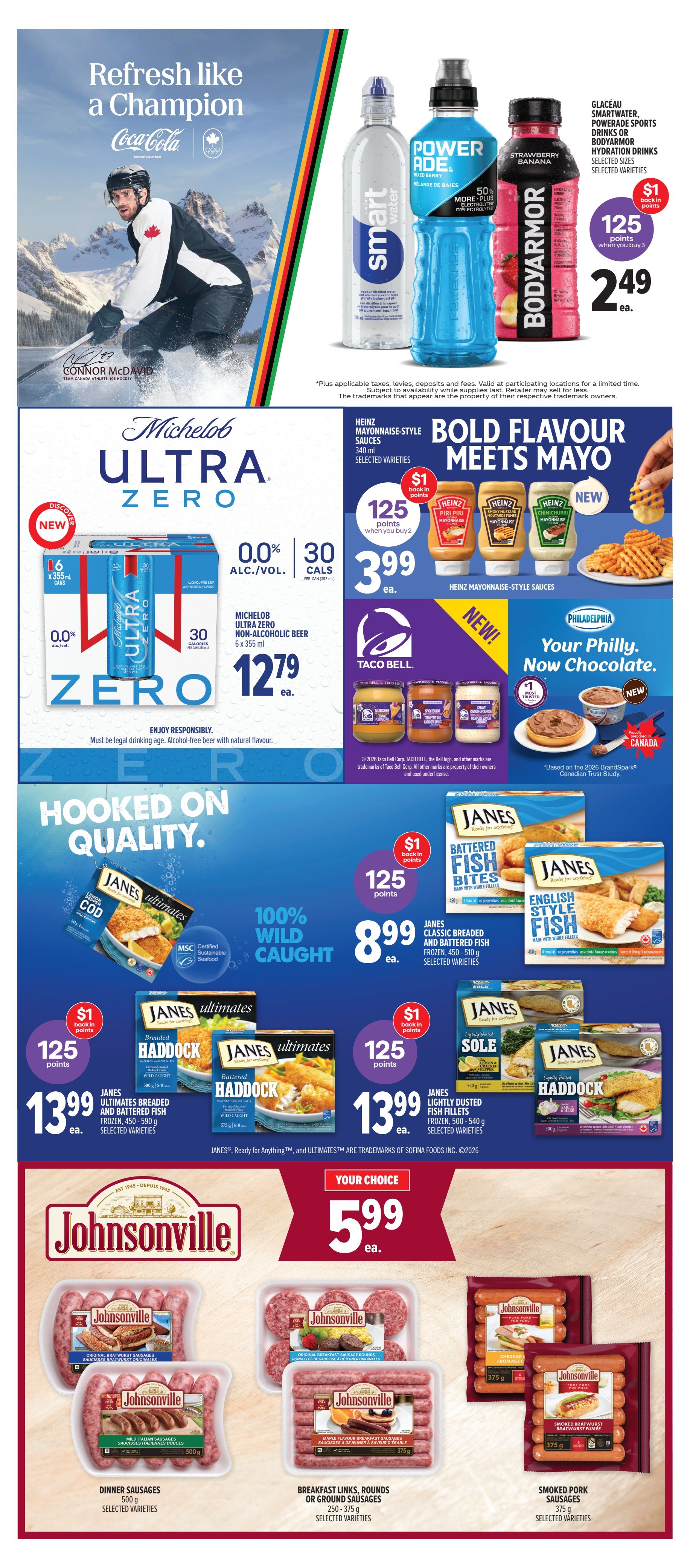 Metro Ontario weekly flyer specials, page 14. Featuring Coca-Cola beverages, Smartwater, Powerade, and Bodyarmor hydration drinks for $2.49 each, with a $1 back in points offer when you buy 3, earning 125 points. Michelob Ultra Zero non-alcoholic beer, 6 x 355 ml cans, is on sale for $12.79. Heinz Mayonnaise-Style Sauces in Piri Piri, Smoky Mustard, and Chimichurri flavours are $3.99 each, with a $1 back in points offer when you buy 2, earning 125 points. Taco Bell sauces, including Nacho Cheese, Spicy Bean Dip, and Creamy Crunch, are featured. Philadelphia cream cheese spread in a new chocolate flavour is also available. Janes Ultimates breaded and battered fish products, including Cod, Battered Fish Bites, English Style Fish, Battered Haddock, and Lightly Dusted Fish Fillets, are on sale for $8.99 or $13.99, with a $1 back in points offer when you buy 2, earning 125 points. Johnsonville sausages, including Dinner Sausages (Mild Italian), Breakfast Links, Rounds, and Smoked Pork Sausages, are featured with a 'Your Choice' price of $5.99 each.