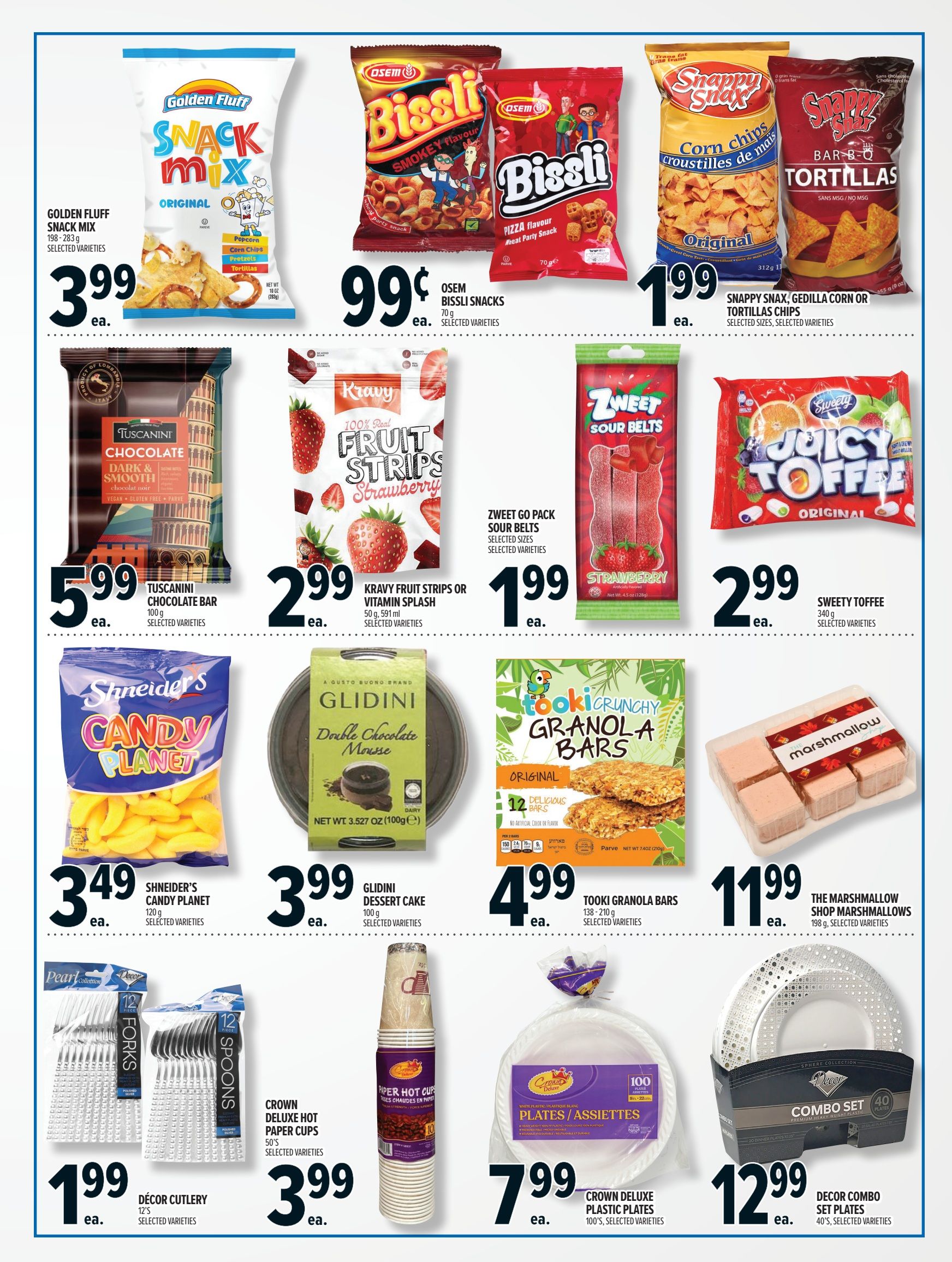 Metro Ontario flyer page 2 features a variety of snacks and party supplies. Top row includes Golden Fluff Snack Mix Original for $3.99, Osem Bissli Snacks in selected varieties for $0.99 each, and Snappy Snax Cheddar Corn or Tortillas Chips in selected sizes and varieties for $1.99 each. Middle row showcases Tuscanini Chocolate Bar Dark & Smooth for $5.99, Krazy Fruit Strips or Vitamin Splash in strawberry flavour for $2.99, Zweet Go Pack Sour Belts in selected varieties for $1.99, and Sweety Toffee Original for $2.99. Bottom row features Shneider's Candy Planet for $3.49, Glidini Double Chocolate Mousse Dessert Cake for $3.99, Tooki Crunchy Granola Bars in selected varieties for $4.99, and The Marshmallow Shop Marshmallows for $11.99. Also available are Décor Cutlery 12-piece sets for $1.99, Crown Deluxe Hot Paper Cups 50's for $3.99, Crown Deluxe Plastic Plates 100's for $7.99, and Décor Combo Set Plates 40's for $12.99.