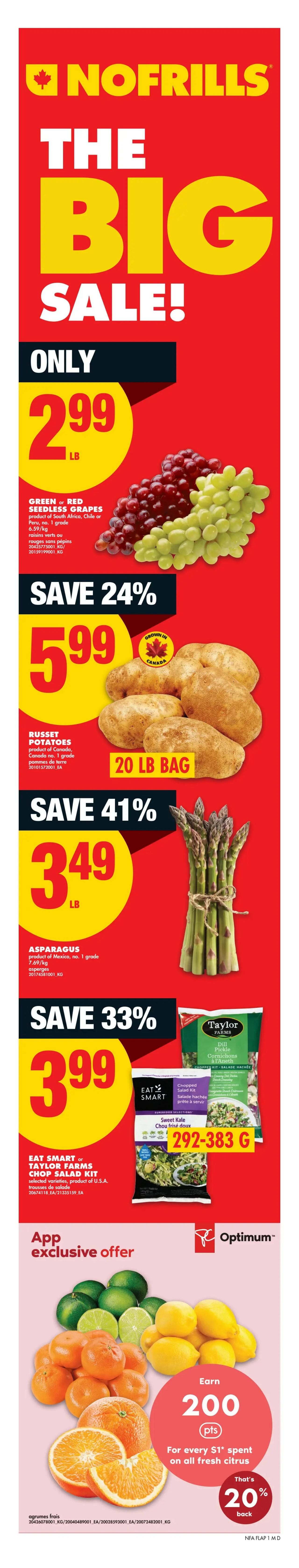 No Frills Atlantic Canada weekly flyer specials, February 19 to February 25, 2026. Featuring 'The Big Sale!' with Whole Eye of Round Roast for only $5.44 LB, Pork Combo Chops for $4 LB (Save 33%), No Name Bacon for $3.50 (Save 36%), and Ground Chicken for only $3. Also available are Black Diamond Slices Processed Cheese Product for $3.33. Price Drop on Holiday Luncheon Meat 340g or Maple Leaf Flakes 156g for $1.75. Campbell's Ready to Serve Soup 515 mL or Habitant Soup 796 mL for $1.88 (Save 43%). Christie Crackers 175-200g for $2 (Save 28%). Classico Pasta Sauce 410/600 mL for $3. Tropicana Orange Juice, Drinks or Pure Leaf Iced Tea 1.36-1.75L for $4. Save up to 38% on 817 Elephant Brand Rice 4kg for $10.99. Save up to 52% on Sunlight 4L or Purex 4.08-4.43L Laundry Detergent or Fleecy Fabric Softener 3.5L for $9 (110 loads). Save up to 50% on Royale Facial Tissue 6x72/100 sheets for $4. Palmolive Liquid Dish Detergent 591/828 mL for $1.25. App exclusive offer: PC Dinner Entrees selected varieties, frozen, 907-1.13 kg for $5 Member Price, $7 Non-Members, saving $2.