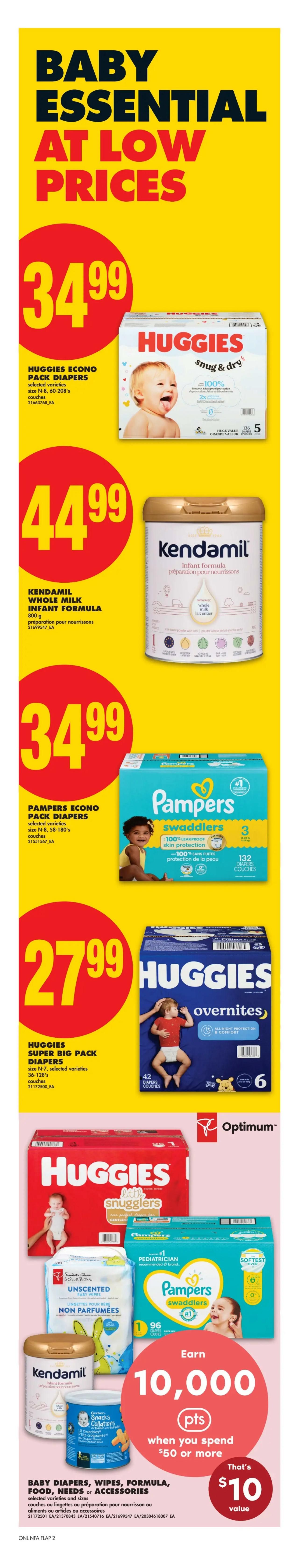 No Frills Atlantic Canada weekly flyer specials page 13 features baby essentials at low prices. Get Huggies Snug & Dry diapers, size N-8, 60-208's for $34.99. Kendamil Whole Milk Infant Formula 800g is $44.99. Pampers Economo Pack Diapers, size N-8, 58-180's are $34.99. Huggies Super Big Pack Diapers, size N-7, 36-128's are $27.99. Also featured are Huggies Overnites diapers. Spend $50 or more on baby diapers, wipes, formula, food, needs or accessories and earn 10,000 PC Optimum points, valued at $10. President's Choice Unscented Baby Wipes and Pampers Swaddlers diapers are also shown.