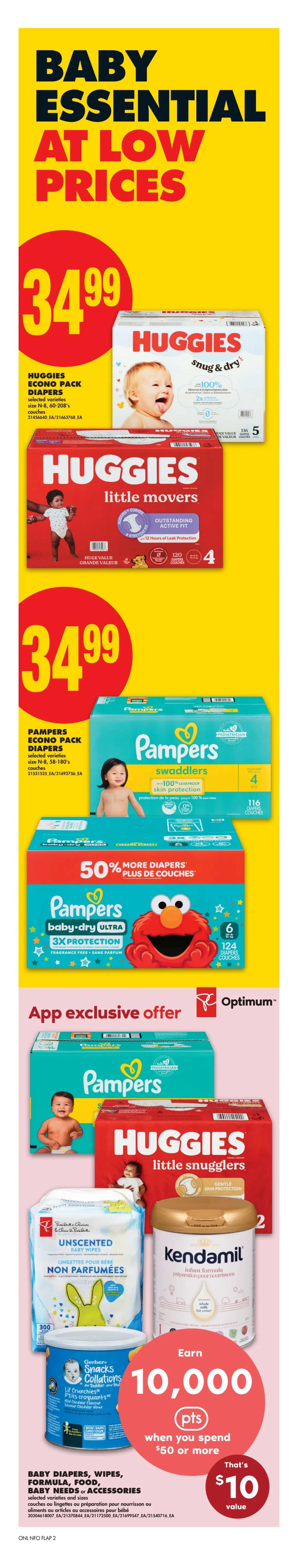 No Frills Ontario flyer page featuring baby essentials at low prices. Offers include Huggies Econo Pack Diapers for $34.99, available in sizes N-8, 60-208's. Also featured are Pampers Swaddlers Econo Pack Diapers for $34.99, in sizes N-8, 58-180's. Pampers Baby-Dry Ultra diapers are advertised with 50% more diapers. An app exclusive offer includes Huggies Little Snugglers diapers and Kendamil infant formula. Also shown are President's Choice Unscented Baby Wipes and Gerber Snacks Lil' Crunchies. Spend $50 or more on baby diapers, wipes, formula, food, baby needs, or accessories to earn 10,000 PC Optimum points, valued at $10.
