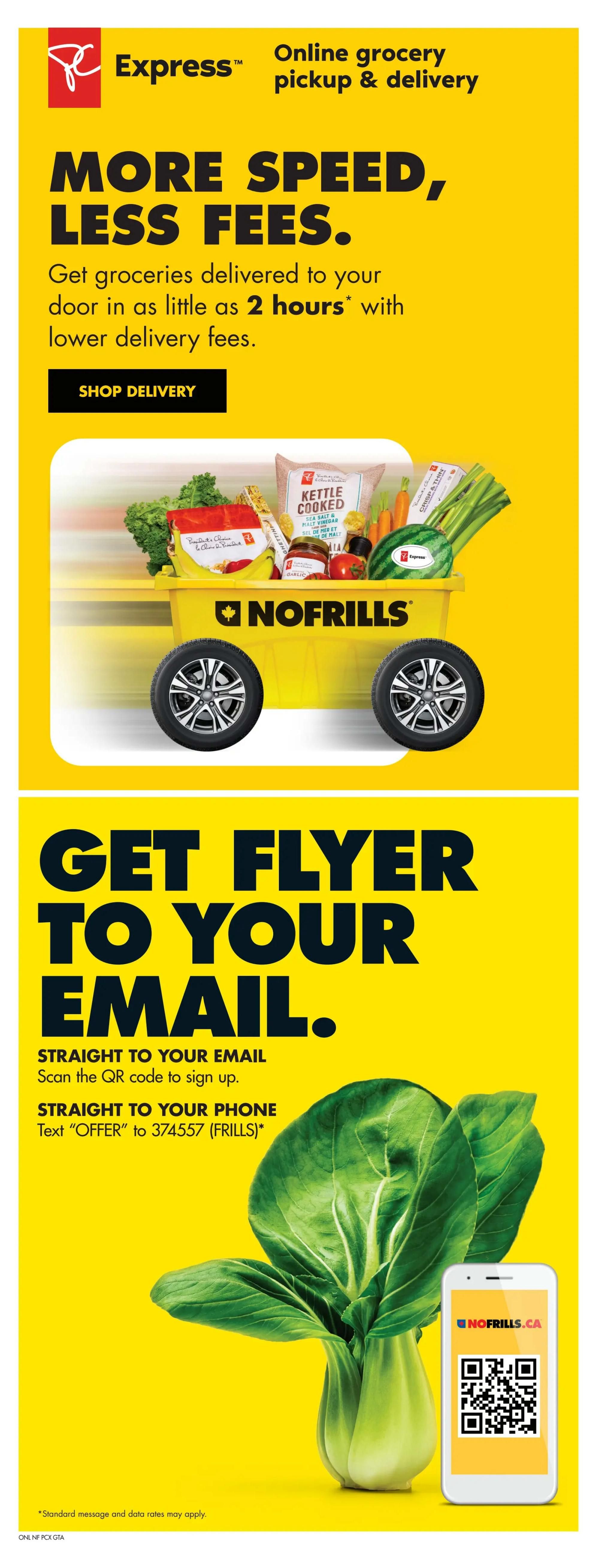 No Frills flyer page 27 promoting PC Express online grocery pickup and delivery. Get groceries delivered to your door in as little as 2 hours with lower delivery fees. Click 'Shop Delivery' to order. The page also features a section on how to get the flyer to your email by scanning a QR code or texting 'OFFER' to 374557 (FRILLS) to sign up for phone alerts. Includes images of produce like bok choy, watermelon, carrots, kale, and packaged goods like President's Choice Kettle Cooked potato chips and President's Choice Crisp & Thin pasta.