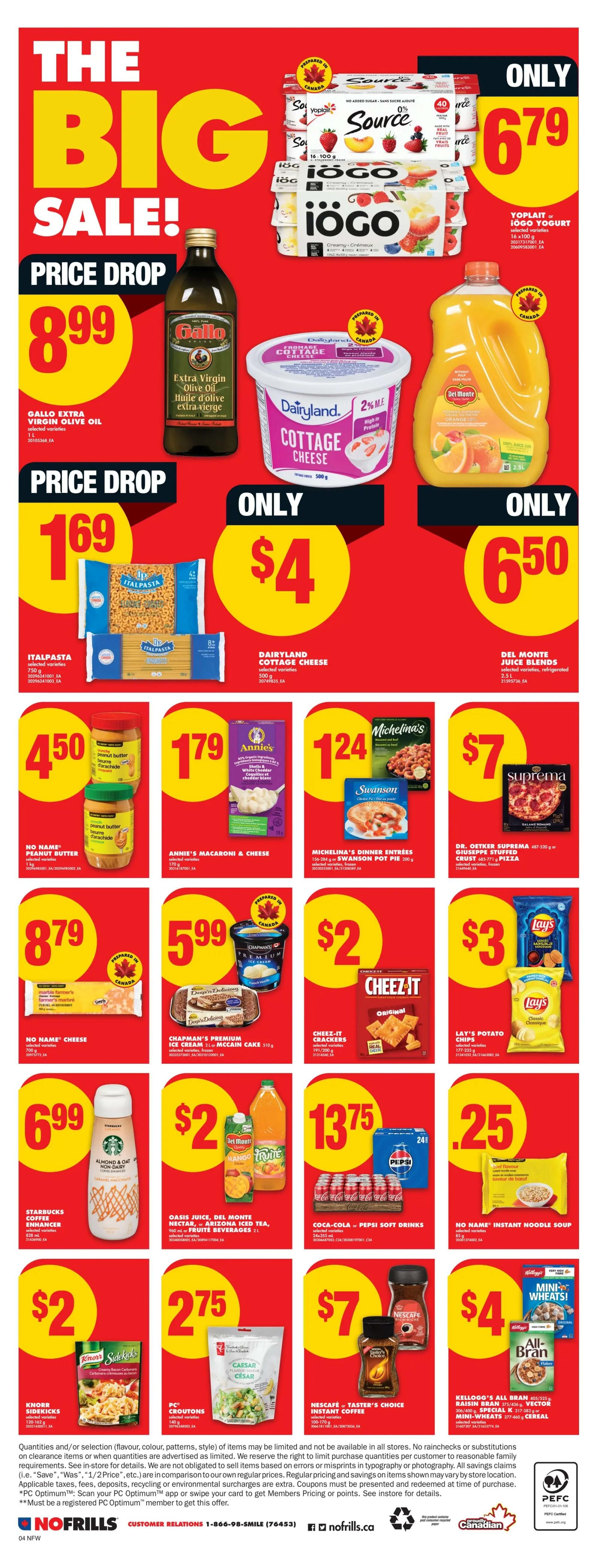 No Frills weekly flyer specials page 5. Featured items include Yoplait or Iogo Yogurt for $6.79, Gallo Extra Virgin Olive Oil for $8.99, Dairyland Cottage Cheese for $4, and Del Monte Juice Blends for $6.50. Also on sale are Italpasta for $1.69, No Name Peanut Butter for $4.50, Annie's Macaroni & Cheese for $1.79, Michelina's Dinner Entrees or Swanson Pot Pie for $1.24, and Dr. Oetker Suprema Stuffed Crust Pizza for $7. Additional deals include No Name Cheese for $8.79, Chapman's Premium Ice Cream or McCain Cake for $5.99, Cheez-It Crackers for $2, Lay's Potato Chips for $3, Starbucks Coffee Enhancer for $6.99, Oasis Juice or Arizona Iced Tea for $2, Coca-Cola or Pepsi Soft Drinks for $13.75, and No Name Instant Noodle Soup for $0.25. Also featured are Knorr Sidekicks for $2, PC Croutons for $2.75, Nescafé or Taster's Choice Instant Coffee for $7, and Kellogg's All Bran, Raisin Bran, Special K, or Mini-Wheats Cereal for $4.