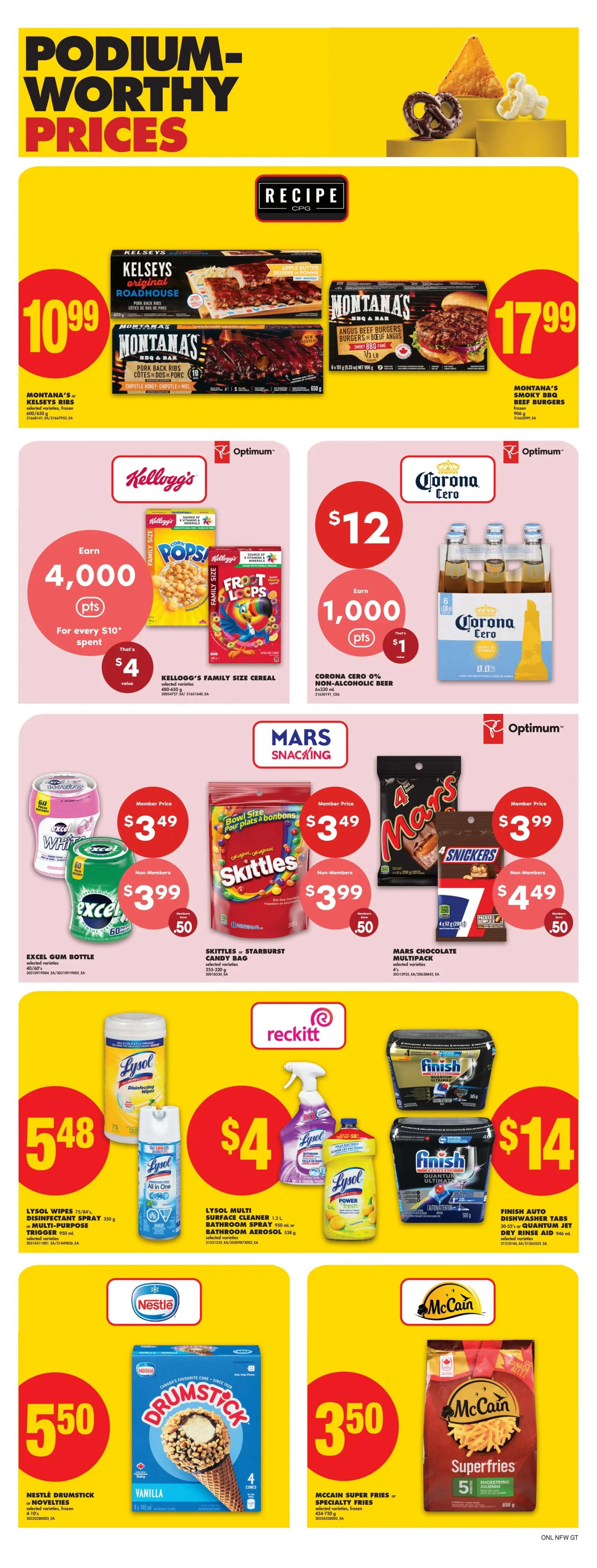 No Frills weekly flyer specials page 11 features 'Podium-Worthy Prices'. Deals include Montana's or Kelseys Pork Back Ribs for $10.99, and Montana's Smoky BBQ Beef Burgers for $17.99. Earn 4,000 Optimum points (valued at $4) for every $10 spent on Kellogg's Family Size Cereal, including Corn Pops and Froot Loops. Corona Cero 0% Non-Alcoholic Beer (6x330 mL) is $12, with a bonus of 1,000 Optimum points (valued at $1). Excel Gum Bottles are $3.49 for members and $3.99 for non-members, with members saving $0.50. Skittles or Starburst Candy Bags are available. Mars Chocolate Multipacks (4x52g) are $3.49 for members and $3.99 for non-members, with members saving $0.50. Lysol Wipes (75/84's) or Disinfectant Spray (350g) or Multi-Purpose Trigger (950mL) are $5.48. Lysol Multi Surface Cleaner (1.2L), Bathroom Spray (950mL) or Aerosol (538g) is $4. Finish Auto Dishwasher Tabs (30-55's) or Quantum Jet Dry Aid (946mL) is $14. Nestlé Drumstick Vanilla cones (4x140mL) are $5.50. McCain Super Fries or Specialty Fries (454-750g) are $3.50.