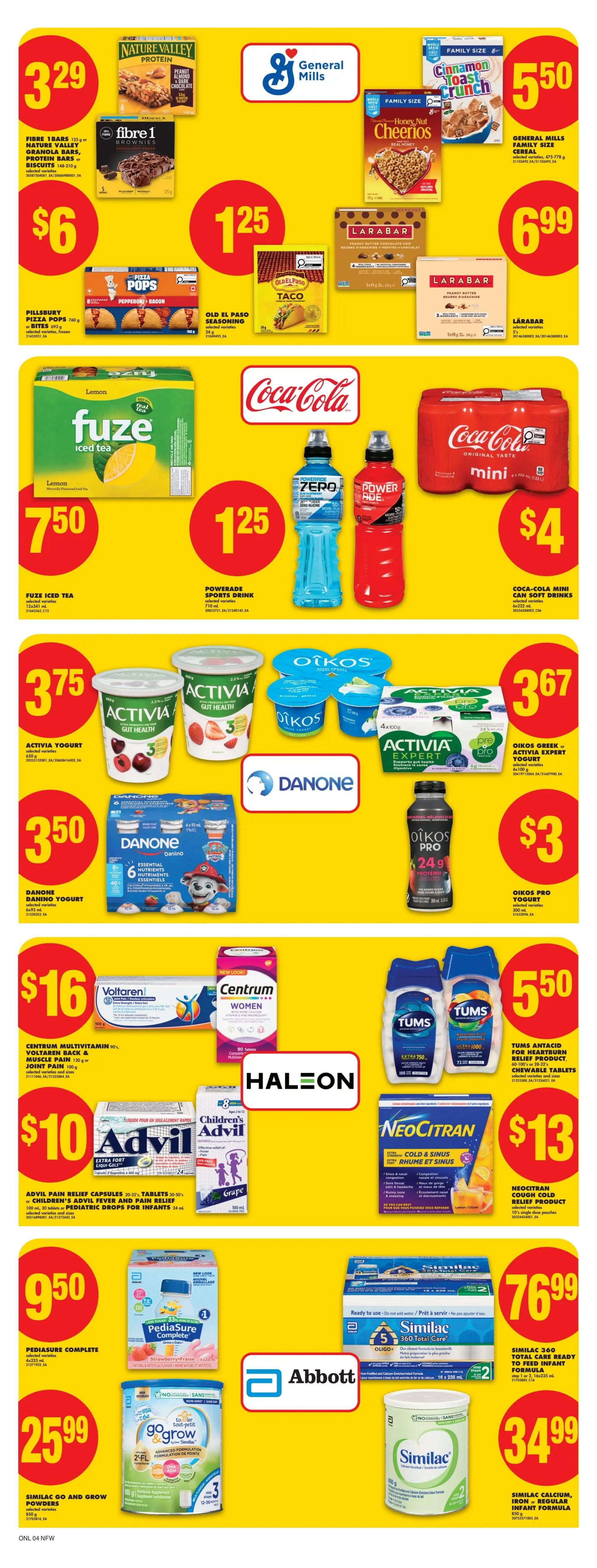 No Frills weekly flyer specials page 12. Featured items include Fibre 1 bars and Nature Valley granola bars for $6.00. General Mills family size cereals like Cinnamon Toast Crunch and Honey Nut Cheerios are $5.50. Pillsbury Pizza Pops 760g or Bites 693g are $1.25. Old El Paso Taco Seasoning is $1.25. Lärabar 5x45g packs are $6.99. Fuze Iced Tea 12x341ml is $7.50. Powerade Sports Drink 710ml is $1.25. Coca-Cola Mini Can Soft Drinks 6x222ml are $4.00. Activia Yogurt 650g is $3.75. Oikos Greek or Activia Expert Yogurt 4x100g is $3.67. Danone Danino Yogurt 6x93ml is $3.50. Oikos Pro Yogurt 300ml is $3.00. Voltaren 100g or Centrum Multivitamin 90 tablets are $16.00. Tums Antacid 60-100 tablets are $5.50. Advil Pain Relief Capsules or Tablets 20-50's, or Children's Advil 24 capsules or Infants' Drops 100ml are $10.00. Neocitran Cold & Sinus 10's are $13.00. PediaSure Complete 4x235ml is $9.50. Similac Go and Grow Powders 850g is $25.99. Similac 360 Total Care Ready to Feed Infant Formula 16x235ml is $76.99. Similac Calcium, Iron or Regular Infant Formula 850g is $34.99.