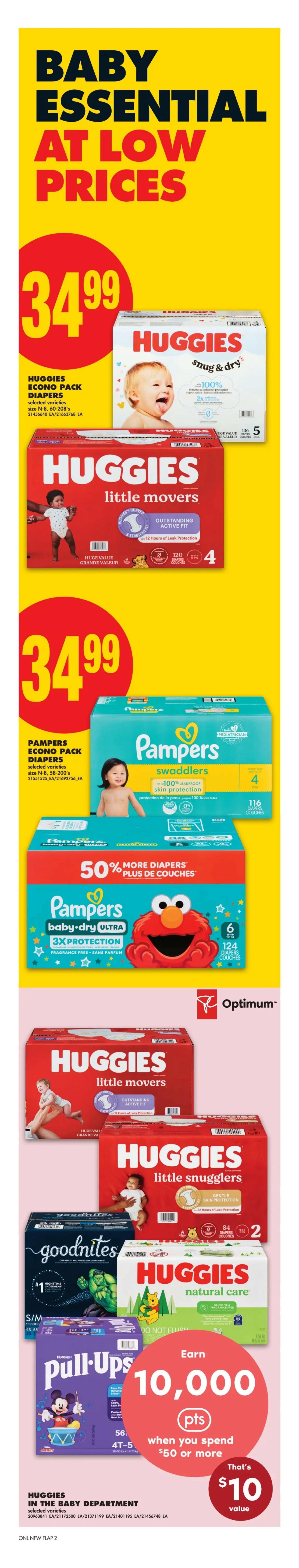 No Frills flyer page featuring baby essentials at low prices. Offers include Huggies Econo Pack Diapers, selected varieties, size N-8 to 60-208's for $34.99. Also available are Huggies Little Movers diapers, size 4, 120 diapers for $34.99. Pampers Econo Pack Diapers, selected varieties, size N-8 to 58-200's are also $34.99. A special offer on Pampers Baby-Dry Ultra diapers, size 6, 124 diapers, includes 50% more diapers. The page also highlights Huggies Little Movers, Huggies Little Snugglers, Huggies Natural Care, and GoodNites nighttime underwear. Spend $50 or more on Huggies products in the baby department to earn 10,000 PC Optimum points, which is a $10 value.