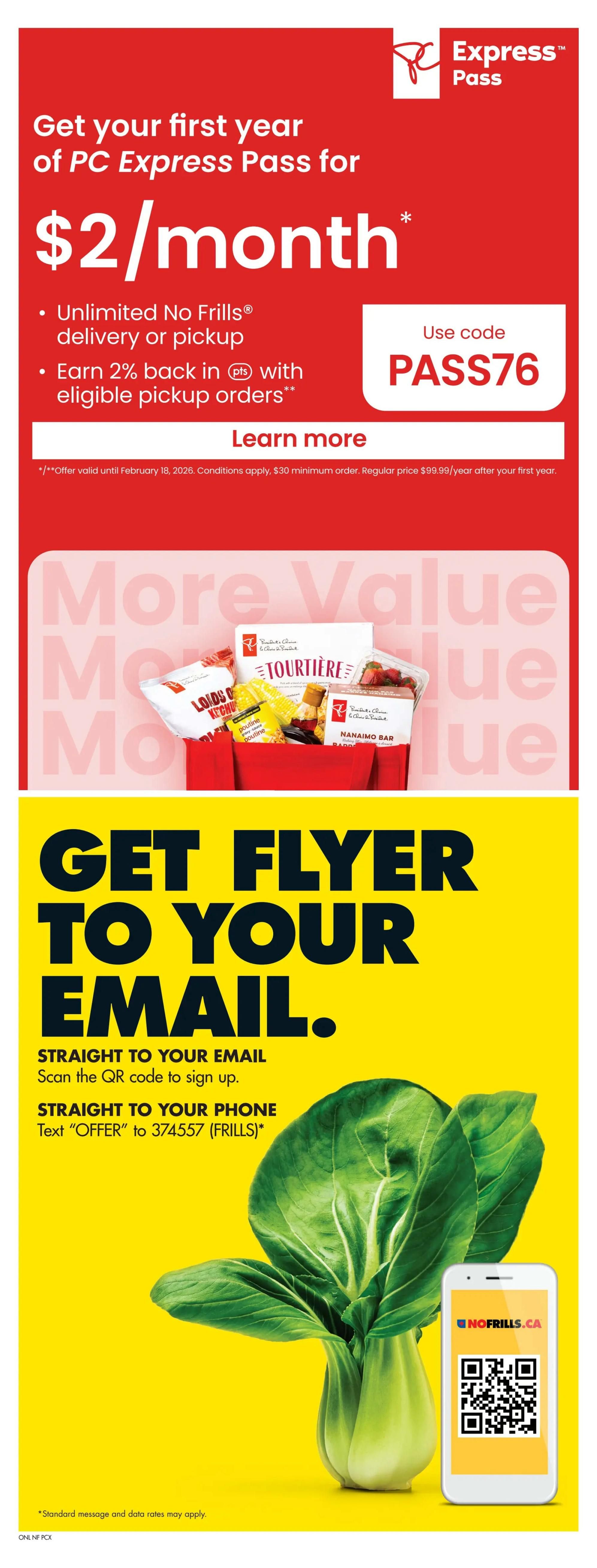 No Frills flyer page 21: Get your first year of PC Express Pass for $2/month with unlimited No Frills delivery or pickup and earn 2% back in PC Optimum points on eligible pickup orders. Use code PASS76. Offer valid until February 18, 2026. Regular price is $99.99/year after the first year. The page also features a section on how to get the flyer straight to your email by scanning a QR code or straight to your phone by texting 'OFFER' to 374557 (FRILLS). Standard message and data rates may apply. A large image of bok choy and a smartphone displaying nofrills.ca with a QR code are also shown.
