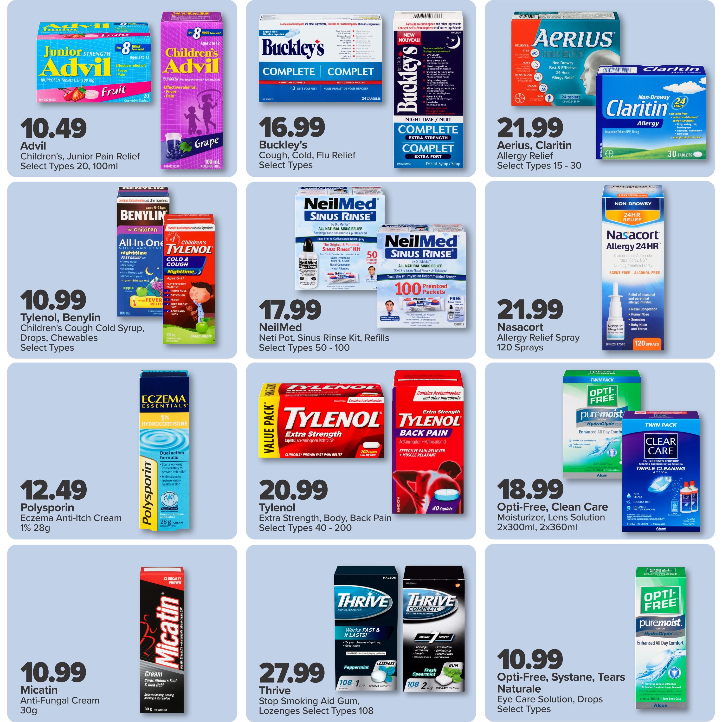 PharmaChoice flyer page 2 features a variety of health and wellness products. Advil Children's Junior Pain Relief (Fruit or Grape) is $10.49. Buckley's Complete Cough, Cold, Flu Relief (Select Types) is $16.99. Aerius and Claritin Allergy Relief (Select Types 15-30) are $21.99. Tylenol, Benylin Children's Cough Syrup, Drops, or Chewables (Select Types) are $10.99. Tylenol Extra Strength, Body, Back Pain (Select Types 40-200) is $20.99. NeilMed Neti Pot, Sinus Rinse Kit, or Refills (Select Types 50-100) are $17.99. Nasacort Allergy Relief Spray (120 Sprays) is $21.99. Polysporin Eczema Anti-Itch Cream 1% (28g) is $12.49. Opti-Free, Clean Care Moisturizer, Lens Solution (2x300ml, 2x360ml) is $18.99. Micatin Anti-Fungal Cream (30g) is $10.99. Thrive Stop Smoking Aid Gum or Lozenges (Select Types 108) are $27.99. Opti-Free, Systane, Tears Naturale Eye Care Solution, Drops (Select Types) are $10.99.