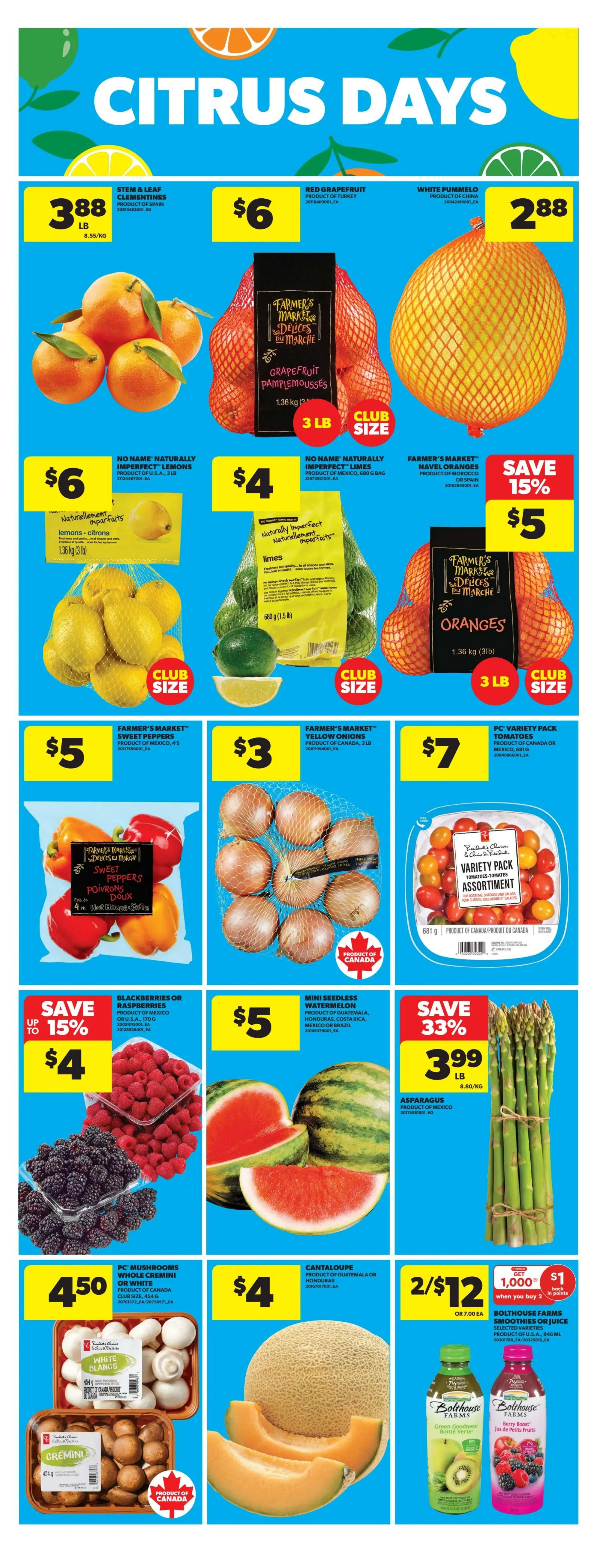 Real Canadian Superstore flyer page featuring 'Citrus Days' with various produce deals. Offers include Stem & Leaf Clementines for $3.88/lb, Red Grapefruit for $6, and White Pummelo for $2.88. No Name Naturally Imperfect Lemons are $6 for a 3 lb bag, and No Name Naturally Imperfect Limes are $4 for a 680g bag. Farmer's Market Navel Oranges are on sale for $5 (save 15%), 3 lb bag. Farmer's Market Sweet Peppers (4 pack) are $5. Farmer's Market Yellow Onions (3 lb) are $3. PC Variety Pack Tomatoes are $7. Blackberries or Raspberries are on sale for $4 (save up to 15%). Mini Seedless Watermelon is $5. Asparagus is $3.99/lb (save 33%). PC Mushrooms (White or Cremini, 454g) are $4.50. Cantaloupe is $4. Bolthouse Farms Smoothies or Juice are 2 for $12, with a $1 back in points offer when you buy 2.