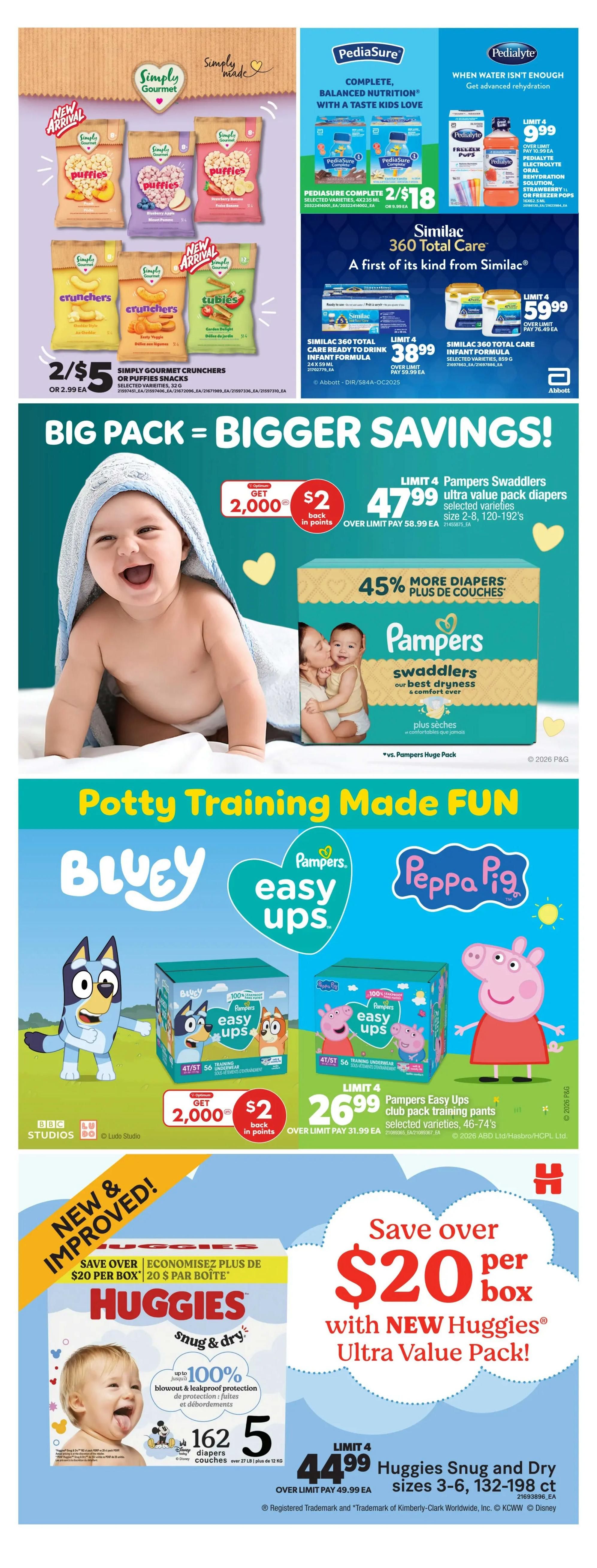 Real Canadian Superstore Ontario flyer page 26 features a variety of baby and toddler products. Top section includes Simply Gourmet Puffies and Crunchers snacks, with select varieties priced at 2 for $5 or $2.99 each. Pediasure Complete balanced nutrition is available in 2x235 mL for $18 or $9.99 each. Pedialyte Electrolyte Oral Rehydration Solution in 1L Strawberry flavour or 16x62.5mL Freezer Pops are $9.99 each, limit 4. Similac 360 Total Care Infant Formula in 859g is $59.99, limit 4, or 24x59mL Ready to Drink is $38.99, limit 4. The main section highlights Pampers Swaddlers Ultra Value Pack diapers in selected varieties, sizes 2-8 (120-192 ct), for $47.99, limit 4, with a $2 back in points offer. Below, Pampers Easy Ups club pack training pants in selected varieties (46-74 ct) are $26.99, limit 4. The bottom section features Huggies Snug and Dry Ultra Value Pack diapers, sizes 3-6, in counts of 132-198, for $44.99, limit 4, with savings of over $20 per box and up to 100% blowout & leakproof protection.