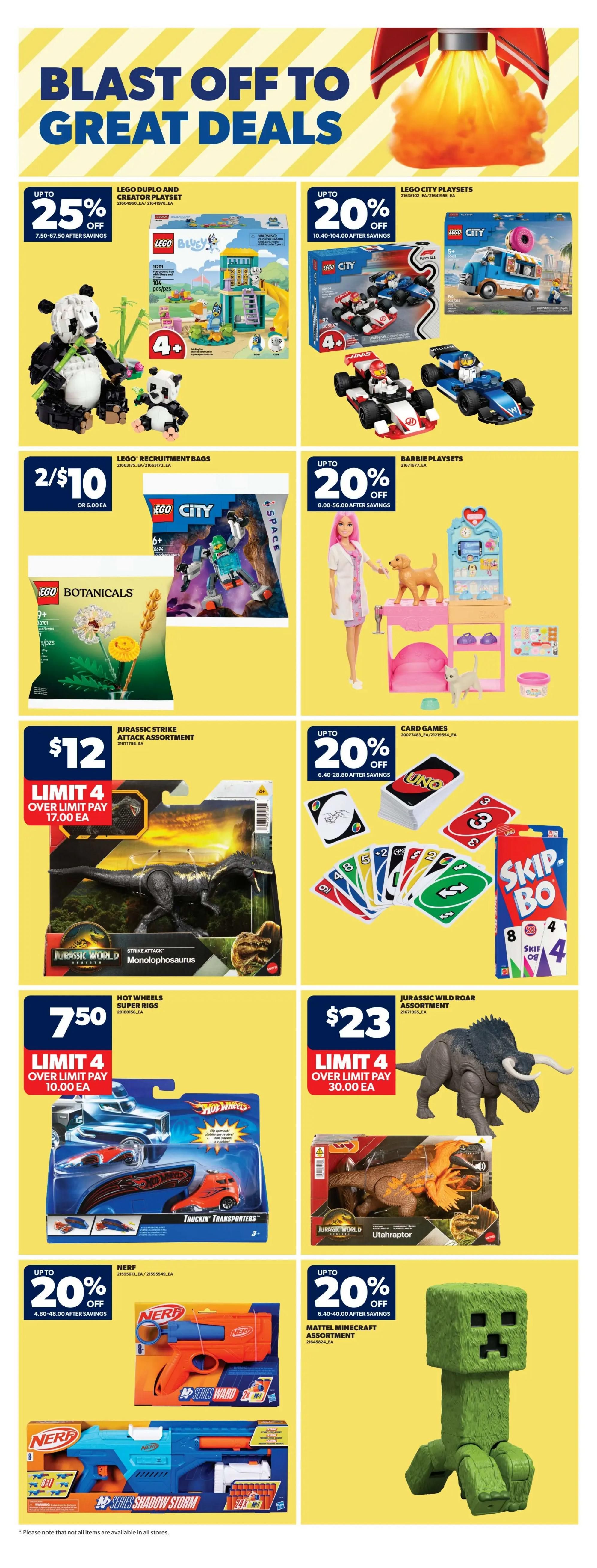 Real Canadian Superstore weekly flyer specials page 31 features 'Blast Off to Great Deals' with various toys. Save up to 25% on LEGO Duplo and Creator playsets, including the Bluey's House playset. Get up to 20% off LEGO City playsets like the Formula E car set and the Ice Cream Truck set. LEGO Botanicals Field Flowers are 2 for $10. Barbie playsets are up to 20% off. Jurassic Strike Attack Assortment Monolophosaurus is $12, limit 4. Hot Wheels Super Rigs Truckin' Transporters are $7.50, limit 4. Jurassic Wild Roar Assortment Utahraptor is $23, limit 4. Card games like UNO and Skip-Bo are up to 20% off. Nerf toys are up to 20% off, including the Nerf N-Strike Elite Disruptor and the Nerf N-Strike Shadow Storm blaster. Mattel Minecraft Assortment is also featured. Please note that not all items are available in all stores.