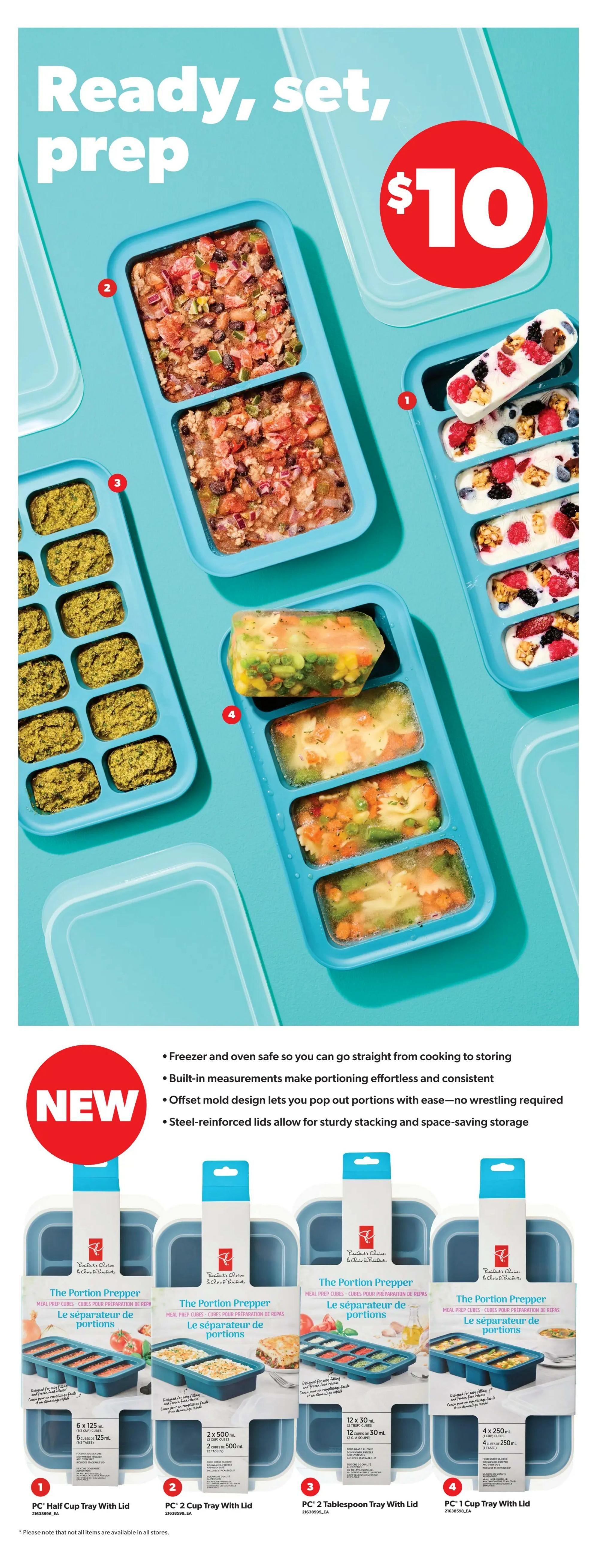 Real Canadian Superstore flyer page featuring 'Ready, set, prep' theme with various portioning trays. A large red circle highlights a price of $10. The page showcases President's Choice The Portion Prepper trays, including the PC Half Cup Tray With Lid (6 x 125 mL cubes), PC 2 Cup Tray With Lid (2 x 500 mL cubes), PC 2 Tablespoon Tray With Lid (12 x 30 mL cubes), and PC 1 Cup Tray With Lid (4 x 250 mL cubes). The trays are depicted filled with various foods like chopped vegetables, berries and yogurt, and pasta dishes. Key features mentioned are that the trays are freezer and oven safe, have built-in measurements for consistent portioning, an offset mold design for easy removal, and steel-reinforced lids for stacking and storage. Please note that not all items are available in all stores.