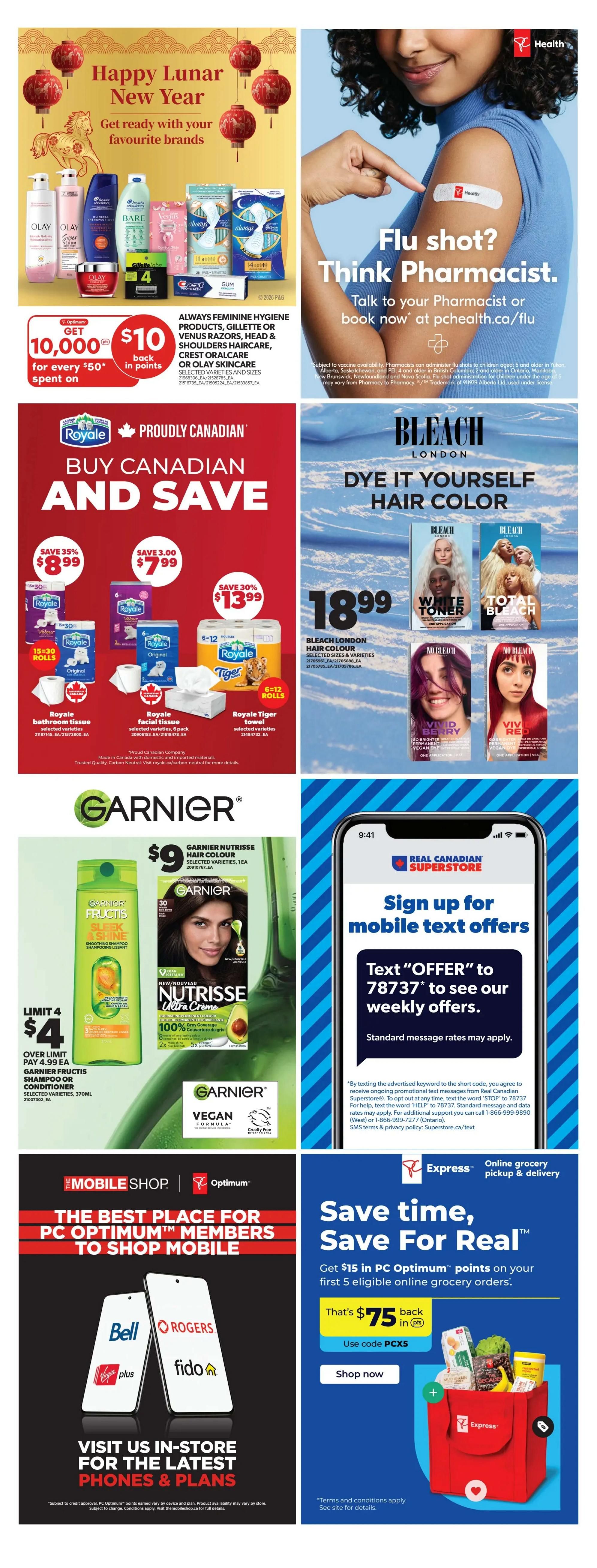 Real Canadian Superstore Ontario flyer page 37 features a Happy Lunar New Year promotion with Olay, Gillette, Venus, Head & Shoulders, and Crest Oralcare products, offering 10,000 PC Optimum points for every $50 spent on selected items. It also highlights Royale paper products with savings: Royale bathroom tissue for $8.99 (save 35%), Royale facial tissue for $7.99 (save $3.00), and Royale Tiger Towel for $13.99 (save 30%). Bleach London hair colour is featured with prices starting at $18.99 for selected sizes and varieties, including White Toner, Total Bleach, Vivid Berry, and Vivid Red. Garnier Nutrisse hair colour is $9, and Garnier Fructis shampoo or conditioner is $4 (limit 4). The page promotes signing up for mobile text offers by texting 'OFFER' to 78737. Additionally, it advertises PC Express online grocery pickup and delivery, offering $15 in PC Optimum points on the first 5 eligible online grocery orders with code PCX5. Finally, it encourages visiting in-store for the latest phones and plans from Bell, Rogers, Virgin Plus, and Fido.