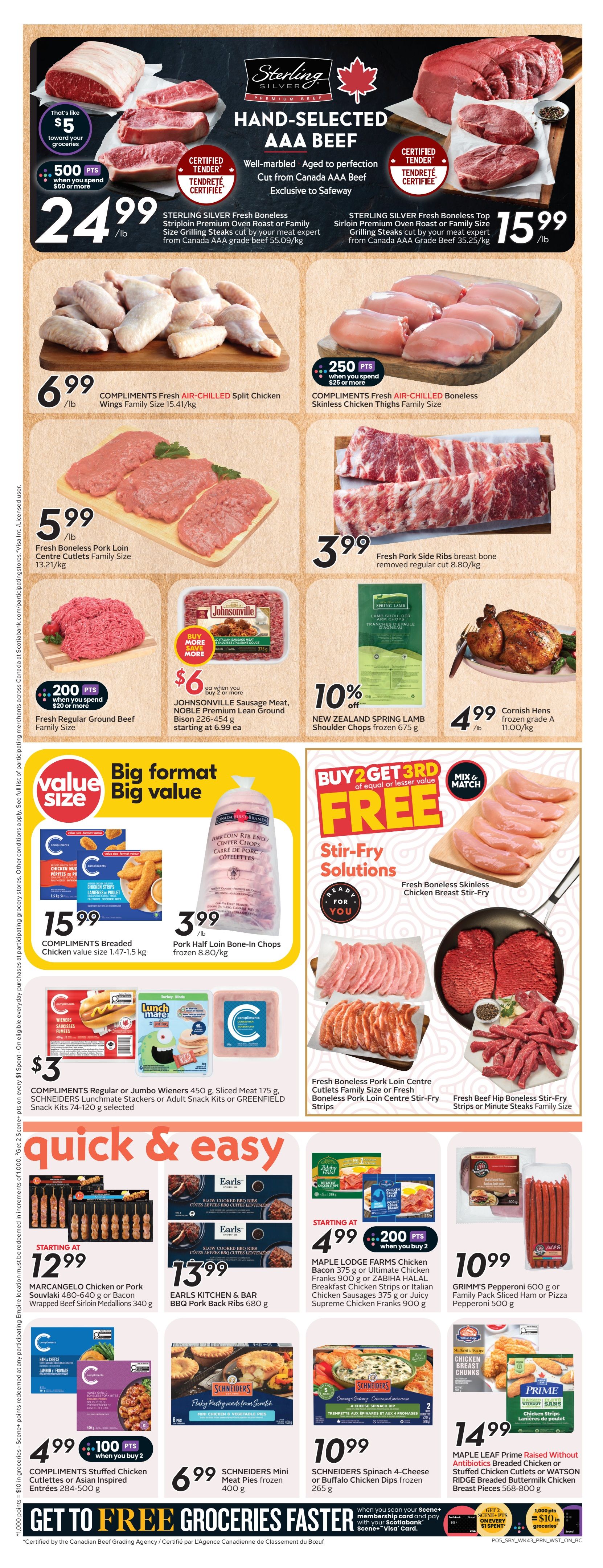 Safeway weekly flyer specials page 8. Top section features Sterling Silver Hand-Selected AAA Beef: Boneless Top Sirloin Premium Oven Roast or Family Size Grilling Steaks at $24.99/lb, with a 'That's like $5 toward your groceries' offer and 500 bonus Scene+ points when you spend $50 or more. Also, Sterling Silver Fresh Boneless Top Sirloin Premium Oven Roast or Family Size Grilling Steaks at $15.99/lb. Compliments Fresh Air-Chilled Split Chicken Wings are $6.99/lb. Compliments Fresh Air-Chilled Boneless Skinless Chicken Thighs are $3.99/lb. Fresh Boneless Pork Loin Centre Cutlets Family Size are $5.99/lb. Fresh Pork Side Ribs breast bone removed regular cut are $3.99/lb. Johnsonville Sausage Meat, Noble Premium Lean Ground Bison 226-454g is starting at $6.99 each when you buy 2 or more, with a 'Buy More Save More' offer. New Zealand Spring Lamb Shoulder Arm Chops frozen 675g are 10% off. Cornish Hens frozen grade A are $4.99/lb. The 'Buy 2 Get 3rd FREE' Stir-Fry Solutions promotion includes Fresh Boneless Skinless Chicken Breast Stir-Fry, Fresh Beef Hip Boneless Stir-Fry Strips or Minute Steaks Family Size. Compliments Breaded Chicken value size 1.47-1.5 kg are $15.99. Pork Half Loin Bone-In Chops frozen 8.80/kg are $3.99/lb. Compliments Regular or Jumbo Wieners 450g, Sliced Meat 175g, Schneiders Lunchmate Stackers or Adult Snack Kits or Greenfield Snack Kits 74-120g are $3. Maple Lodge Farms Chicken Bacon 375g or Ultimate Chicken Franks 900g or Zabiha Halal Breakfast Chicken Strips or Italian Chicken Sausages 375g or Juicy Supreme Chicken Franks 900g are starting at $4.99 when you buy 2, with 200 bonus Scene+ points. Grimm's Pepperoni 600g or Family Pack Sliced Ham or Pizza Pepperoni 500g are $10.99. Compliments Stuffed Chicken Cutlettes or Asian Inspired Entrées 284-500g are $4.99 when you buy 2, with 100 bonus Scene+ points. Schneiders Mini Meat Pies frozen 400g are $6.99. Schneiders Spinach 4-Cheese or Buffalo Chicken Dips frozen 265g are $10.99. Maple Leaf Prime Raised Without Antibiotics Breaded Chicken or Stuffed Chicken Cutlets or Watson Ridge Breaded Buttermilk Chicken Breast Pieces 568-800g are $14.99. The bottom section promotes 'Get to Free Groceries Faster' with Scene+ and Scotiabank Visa card offers.