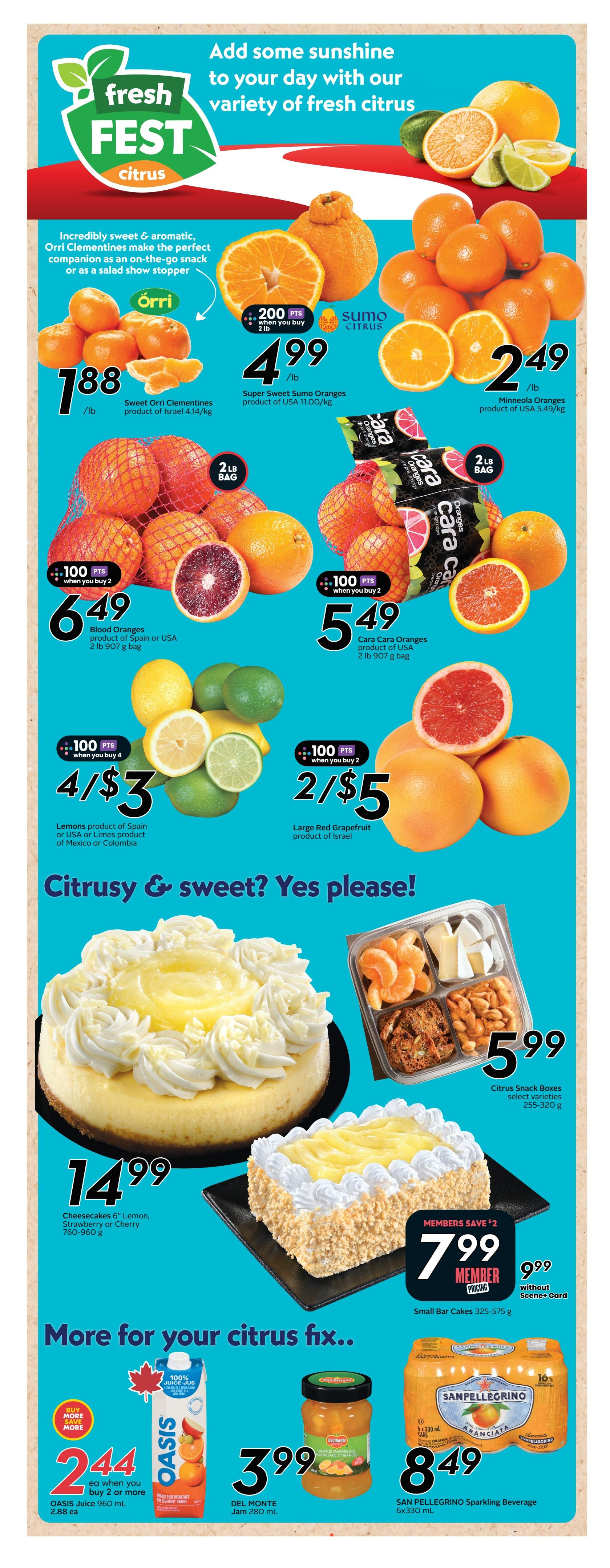 Safeway flyer page 11 featuring a Fresh Fest citrus promotion. Offers include Sweet Orri Clementines at $1.88/lb, Super Sweet Sumo Oranges at $4.99/lb with 200 bonus points when you buy 2 lbs, and Minneola Oranges at $2.49/lb. Also featured are Blood Oranges for $6.49 per 2 lb bag (buy 2, get 100 bonus points), and Cara Cara Oranges for $5.49 per 2 lb bag (buy 2, get 100 bonus points). Lemons are 4 for $3 (buy 4, get 100 bonus points) and Large Red Grapefruit is 2 for $5. Sweet treats include a 6' Lemon, Strawberry, or Cherry Cheesecake for $14.99 and Citrus Snack Boxes for $5.99. For members, Small Bar Cakes are $7.99 (save $2) and $9.99 without a Scene+ card. Beverage deals include Oasis Juice 960 mL at $2.44 each when you buy 2 or more, Del Monte Jam 280 mL for $3.99, and San Pellegrino Sparkling Beverage 6x330 mL for $8.49.