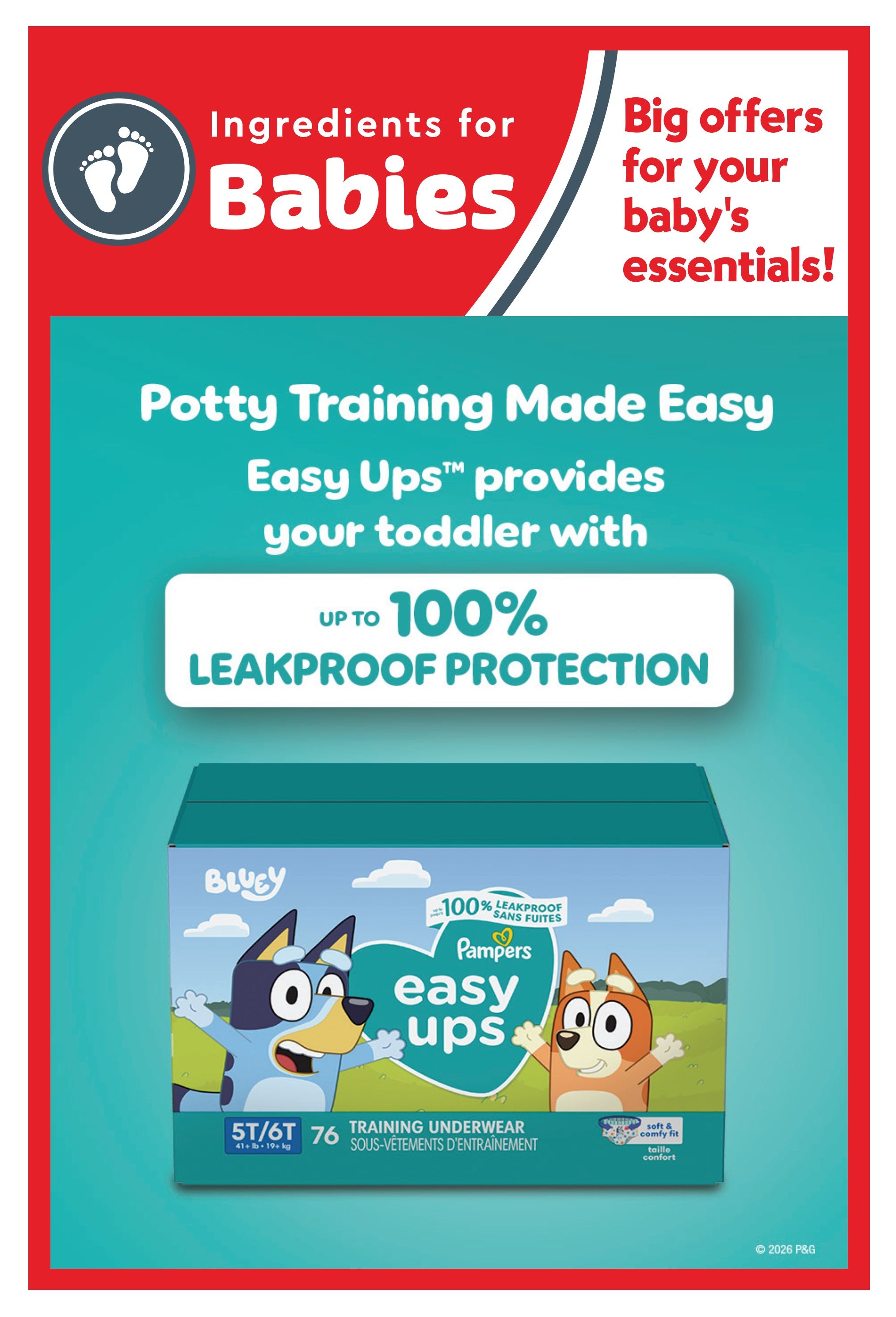 Safeway flyer page 21 features 'Ingredients for Babies' with big offers on baby essentials. The page highlights 'Potty Training Made Easy' with Pampers Easy Ups training underwear, offering up to 100% leakproof protection. The product shown is Pampers Easy Ups featuring characters from Bluey, in size 5T/6T, with 76 training underwear. It also mentions a soft & comfy fit. The copyright is 2026 P&G.