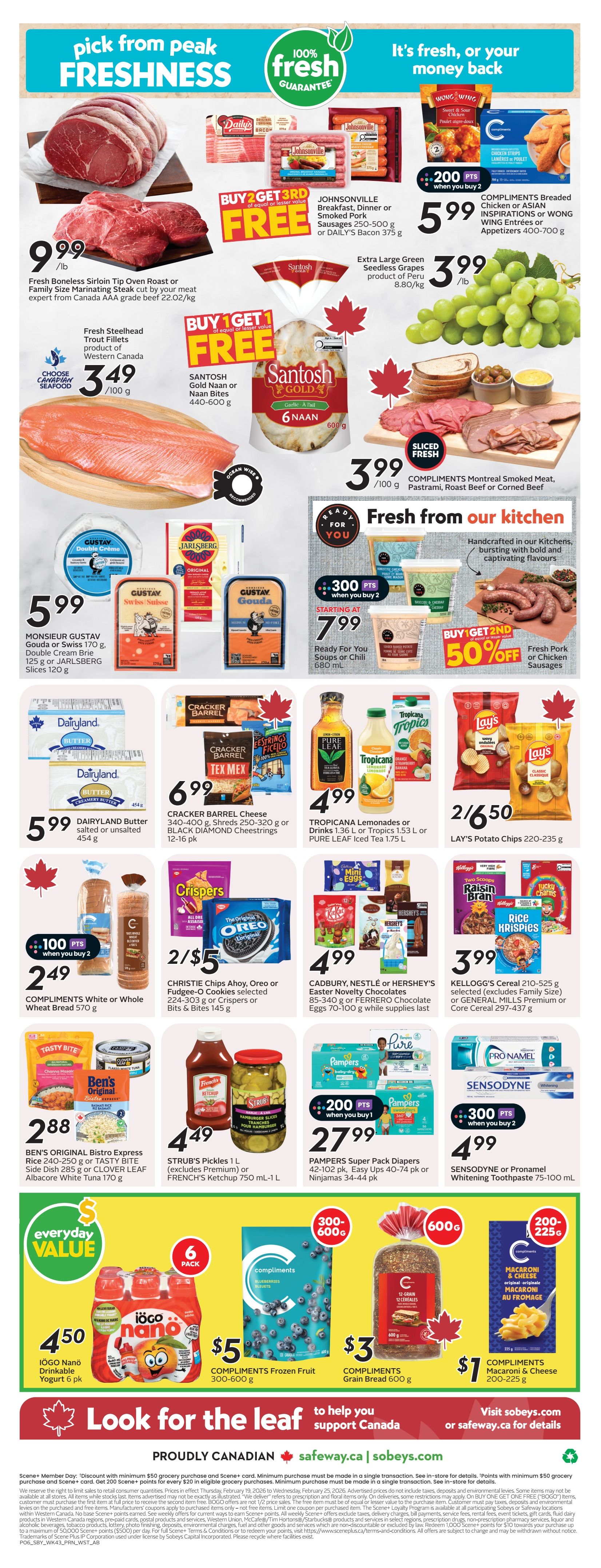 Safeway Alberta weekly flyer specials, page 3. Featured items include Fresh Boneless Sirloin Tip Oven Roast or Family Size Marinating Steak cut by your meat expert from Canada AAA grade beef for $9.99/lb. Fresh Steelhead Trout Fillets, product of Western Canada, are $3.49/100g. Buy 2 Get 1 FREE on Santosh Gold Naan or Naan Bites 440-600g. Compliments Montreal Smoked Meat, Pastrami, Roast Beef or Corned Beef is $3.99/100g. Johnsonville Breakfast, Dinner or Smoked Pork Sausages 250-500g or DAILY'S Bacon 375g, buy 2 get 200 bonus points. Compliments Breaded Chicken or Asian Inspirations or WONG WING Entrees or Appetizers 400-700g are $5.99. Monsieur Gustav Gouda or Swiss 170g, Double Cream Brie 125g or Jarlsberg Slices 120g are $5.99. Dairyland Butter salted or unsalted 454g is $5.99. Cracker Barrel Cheese 340-400g, Shreds 250-320g or Black Diamond Cheestrings 12-16 pk are $6.99. Compliments White or Whole Wheat Bread 570g, buy 2 get 100 bonus points, for $2.49. Christie Chips Ahoy, Oreo or Fudgee-O Cookies selected 224-303g or Crispers or Bits & Bites 145g are 2 for $5. Lay's Potato Chips 220-235g are 2 for $6.50. Tropicana Lemonades or Drinks 1.36 L or Tropics 1.53 L or Pure Leaf Iced Tea 1.75 L are $4.99. Ready For You Soups or Chili 680mL, buy 2 get 300 bonus points, starting at $7.99. Fresh Pork or Chicken Sausages are Buy 1 Get 1 50% off. Ben's Original Bistro Express Rice 240-250g or Tasty Bite Side Dish 285g or Clover Leaf Albacore White Tuna 170g are $2.88. Strub's Pickles 1 L or French's Ketchup 750mL-1L are $4.49. Cadbury, Nestlé or Hershey's Easter Novelty Chocolates 85-340g or Ferrero Chocolate Eggs 70-100g are $4.99 while supplies last. Kellogg's Cereal 210-525g selected or General Mills Premium or Core Cereal 297-437g are $3.99. Pampers Super Pack Diapers 42-102 pk, Easy Ups 40-74 pk or Ninjamas 34-44 pk, buy 1 get 200 bonus points, for $27.99. Sensodyne or Pronamel Whitening Toothpaste 75-100mL, buy 2 get 300 bonus points, for $4.99. Iögo Nano Drinkable Yogurt 6 pk is $4.50. Compliments Frozen Fruit 300-600g is $5. Compliments Grain Bread 600g is $3. Compliments Macaroni & Cheese 200-225g is $7.