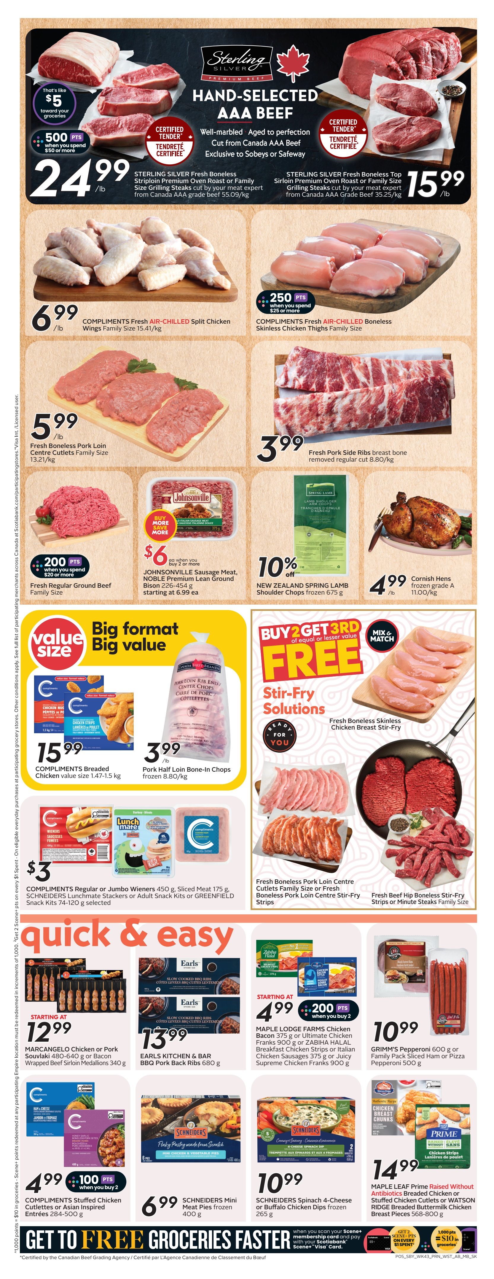 Sobeys weekly flyer specials page 8 features Sterling Silver AAA Beef, including Boneless Striploin Oven Roast or Family Size Grilling Steaks for $24.99/lb and Boneless Top Sirloin Oven Roast or Family Size Grilling Steaks for $15.99/lb. Also featured are Compliments Fresh Air-Chilled Split Chicken Wings for $6.99/lb, Compliments Fresh Boneless Pork Loin Centre Cutlets for $5.99/lb, and Fresh Pork Side Ribs for $3.99/lb. Johnsonville Sausage Meat is available starting at $6.99 each when you buy 2. New Zealand Spring Lamb Shoulder Arm Chops are 10% off. Cornish Hens are $4.99/lb. Compliments Breaded Chicken value size is $15.99 and Pork Loin Bone-In Chops are $3.99/lb. The page also highlights 'Stir-Fry Solutions' with Fresh Boneless Skinless Chicken Breast Stir-Fry and Fresh Beef Hip Boneless Stir-Fry Strips or Minute Steaks. Quick & Easy section includes Marcangelo Chicken or Pork Souvlaki starting at $12.99 and Earls Kitchen & Bar Slow Cooked BBQ Ribs for $13.99. Maple Lodge Farms Chicken Bacon or Franks are 2 for $4.99 with 200 bonus Scene+ points when you buy 2. Grimm's Pepperoni or Family Pack Sliced Ham or Pizza Pepperoni are $10.99. Compliments Stuffed Chicken Cutlets or Asian Inspired Entrees are $4.99 when you buy 2 with 100 bonus Scene+ points. Schneiders Mini Meat Pies are $6.99. Schneiders Spinach 4-Cheese or Buffalo Chicken Dips are $10.99. Maple Leaf Prime Raised Without Antibiotics Breaded Chicken or Stuffed Chicken Cutlets or Watson Ridge Breaded Buttermilk Chicken Breast Pieces are $14.99. The flyer also promotes 'Get 2 Scene+ points on every $1 spent' with Scotiabank Scene+ Visa Card, earning 1,000 points for $10 in groceries.