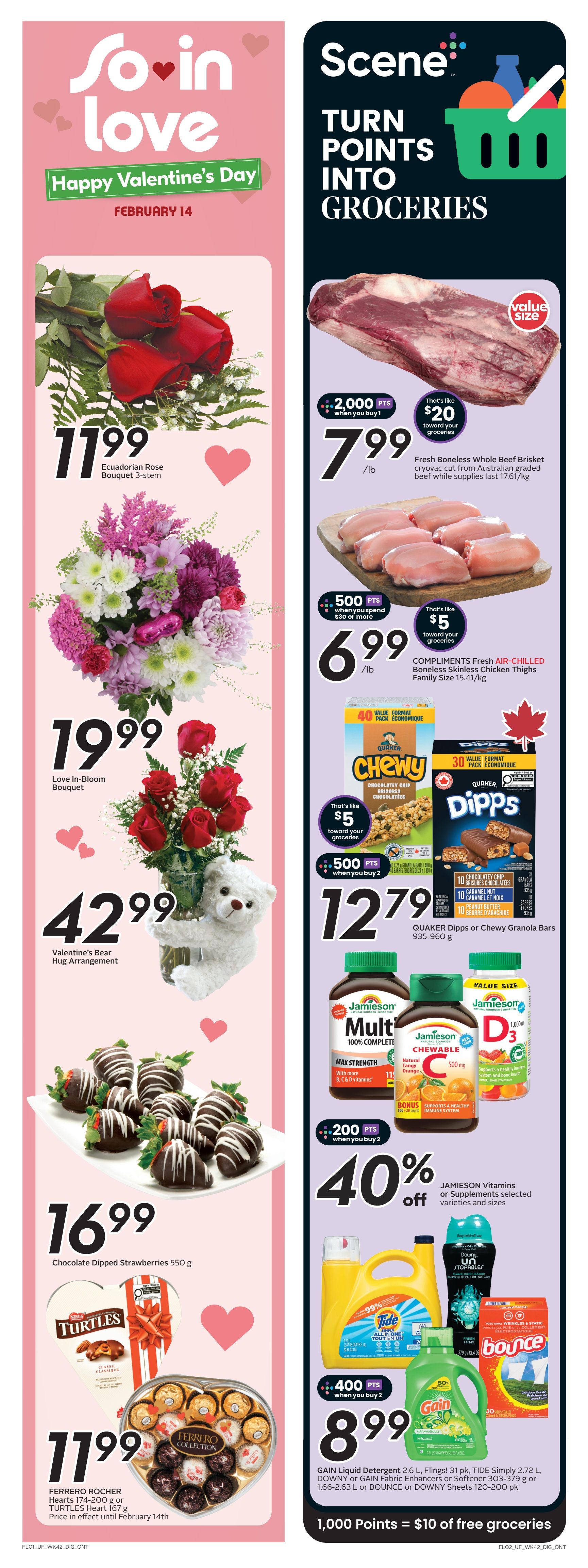 Sobeys weekly flyer specials page 2, featuring Valentine's Day themed items and grocery deals. On the left, find a 3-stem Ecuadorian Rose Bouquet for $11.99, a Love In-Bloom Bouquet for $19.99, a Valentine's Bear Hug Arrangement for $42.99, and Chocolate Dipped Strawberries 550 g for $16.99. Also featured is a Ferrero Rocher Hearts 174-200 g or Turtles Heart 167 g box for $11.99, with prices effective until February 14th. On the right, turn points into groceries with Scene+. Get 2,000 bonus points when you buy Fresh Boneless Whole Beef Brisket, priced at $7.99/lb. Also, get 500 bonus points when you spend $30 or more on COMPLIMENTS Fresh AIR-CHILLED Boneless Skinless Chicken Thighs, priced at $6.99/lb. Quaker Dipps or Chewy Granola Bars 935-960 g are $12.79 when you buy 2 and get 500 bonus points. Jamieson Vitamins or Supplements are 40% off, with 200 bonus points when you buy 2. Featured cleaning products include GAIN Liquid Detergent 2.6 L, Tide Simply 2.72 L, Downy or Gain Fabric Enhancers or Softener 303-379 g or 1.66-2.63 L, or Bounce Sheets 120-200 pk for $8.99 when you buy 2 and get 400 bonus points. Scene+ members can get $10 of free groceries for 1,000 points.