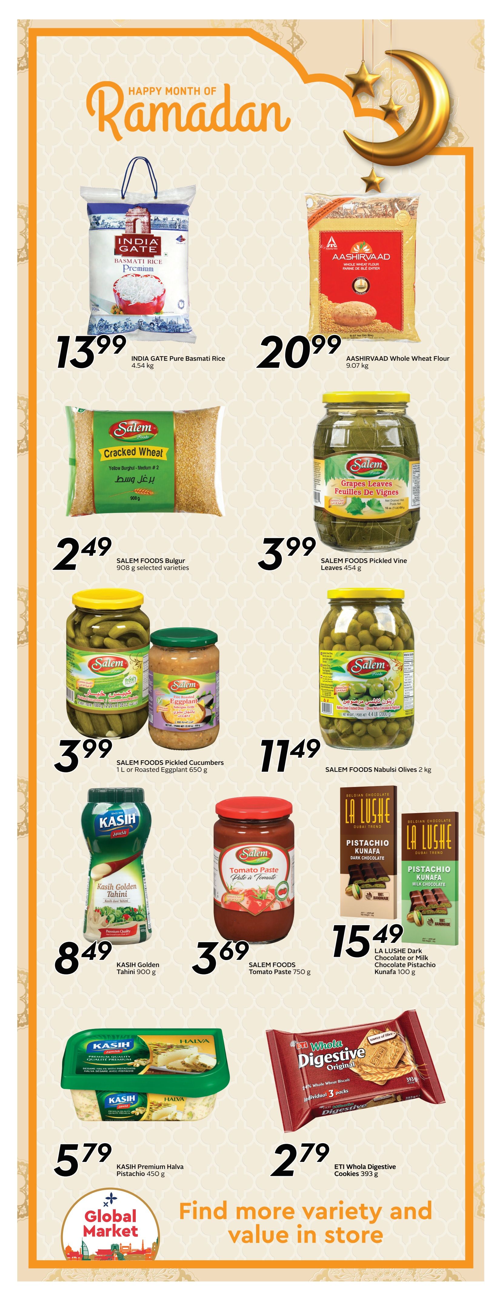 Sobeys Atlantic Canada Weekly Flyer Specials, Page 10. Featured products include INDIA GATE Pure Basmati Rice 4.54 kg for $13.99, AASHIRVAAD Whole Wheat Flour 9.07 kg for $20.99, SALEM FOODS Bulgur 908 g for $2.49, SALEM FOODS Pickled Vine Leaves 454 g for $3.99, SALEM FOODS Pickled Cucumbers 1 L or Roasted Eggplant 650 g for $3.99, SALEM FOODS Naboulsi Olives 2 kg for $11.49, KASIH Golden Tahini 900 g for $8.49, SALEM FOODS Tomato Paste 750 g for $3.69, LA LUSHE Dark Chocolate or Milk Chocolate Pistachio Kunafa 100 g for $15.49, KASIH Premium Halva Pistachio 450 g for $5.79, and ETI Whola Digestive Cookies 393 g for $2.79. The page also features a 'Happy Month of Ramadan' graphic and a 'Find more variety and value in store' message.