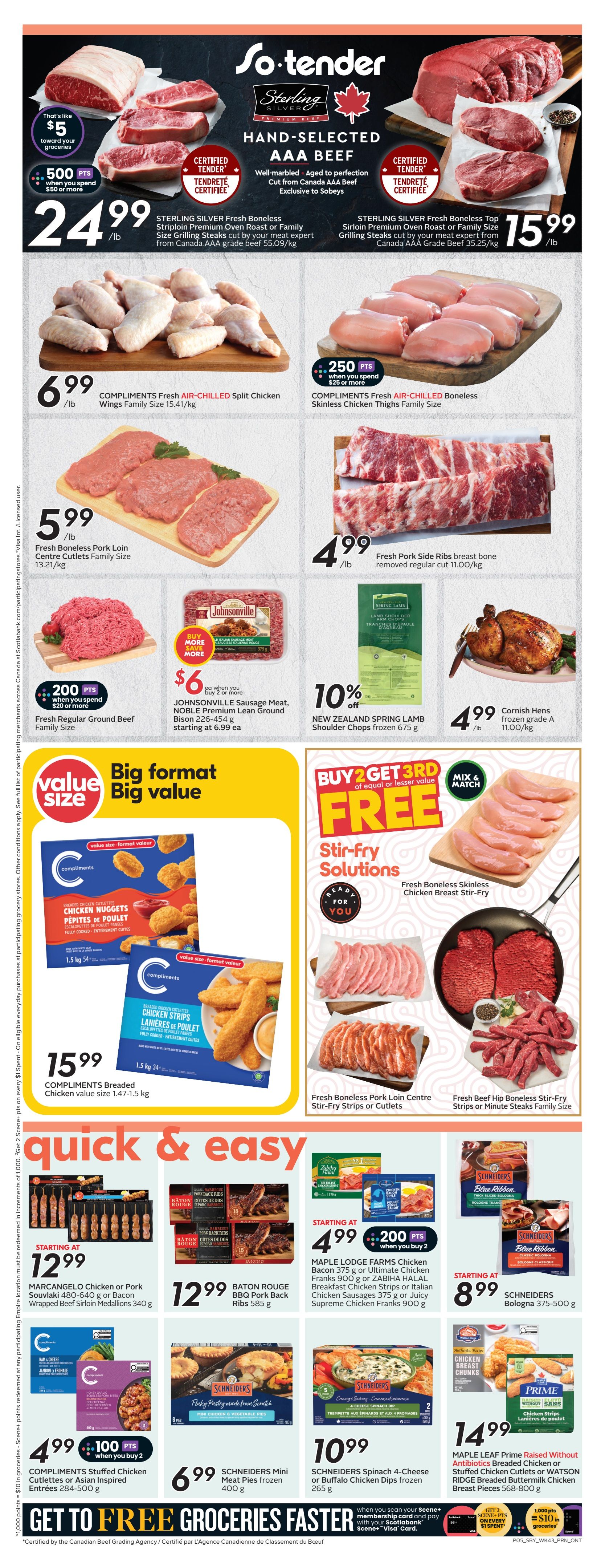 Sobeys Ontario flyer page 8 features a variety of meat and poultry products. Sterling Silver Fresh Boneless Sirloin Premium Oven Roast or Family Size Grilling Steaks are $24.99/lb, with a 'That's like $5 toward your groceries' offer and 500 bonus Scene+ points when you spend $50 or more. Sterling Silver Fresh Boneless Top Sirloin Premium Oven Roast or Family Size Grilling Steaks are $15.99/lb. Compliments Fresh Air-Chilled Split Chicken Wings Family Size are $6.99/lb. Fresh Pork Side Ribs are $4.99/lb. Fresh Boneless Pork Loin Centre Cutlets Family Size are $5.99/lb. Johnsonville Sausage Meat, Noble Premium Lean Ground Bison is $6 each when you buy 2 or more. New Zealand Spring Lamb Shoulder Chops frozen are 10% off. Cornish Hens frozen grade A are $4.99/lb. Compliments Breaded Chicken Nuggets and Chicken Strips value size are $15.99. The flyer also highlights 'Stir-fry Solutions' with Fresh Boneless Skinless Chicken Breast Stir-fry and Fresh Beef Hip Boneless Stir-fry Strips or Minute Steaks. Marcangelo Chicken or Pork Souvlaki or Bacon Wrapped Beef Sirloin Medallions are starting at $12.99. Baton Rouge BBQ Pork Back Ribs are $12.99. Maple Lodge Farms Chicken Breast strips or Ultimate Chicken Franks or Zabiha Halal Breakfast Chicken Strips or Italian Chicken Sausages or Juicy Supreme Chicken Franks are starting at $4.99 when you buy 2, with 200 bonus Scene+ points. Schneiders Blue Ribbon Thick Sliced Bologna or Classic Bologna are starting at $8.99. Compliments Stuffed Chicken Cutlets or Asian Inspired Entrées are $4.99 when you buy 2, with 100 bonus Scene+ points. Schneiders Mini Meat Pies frozen are $6.99. Schneiders Spinach 4-Cheese or Buffalo Chicken Dips frozen are $10.99. Maple Leaf Prime Raised Without Antibiotics Breaded Chicken or Stuffed Chicken Cutlets or Watson Ridge Breaded Buttermilk Chicken Breast Pieces are $14.99. A promotion offers 'Get 2 Scene+ points on every $1 spent' with your Scotiabank Scene+ Visa card, redeemable for $10 in groceries for every 1,000 points.