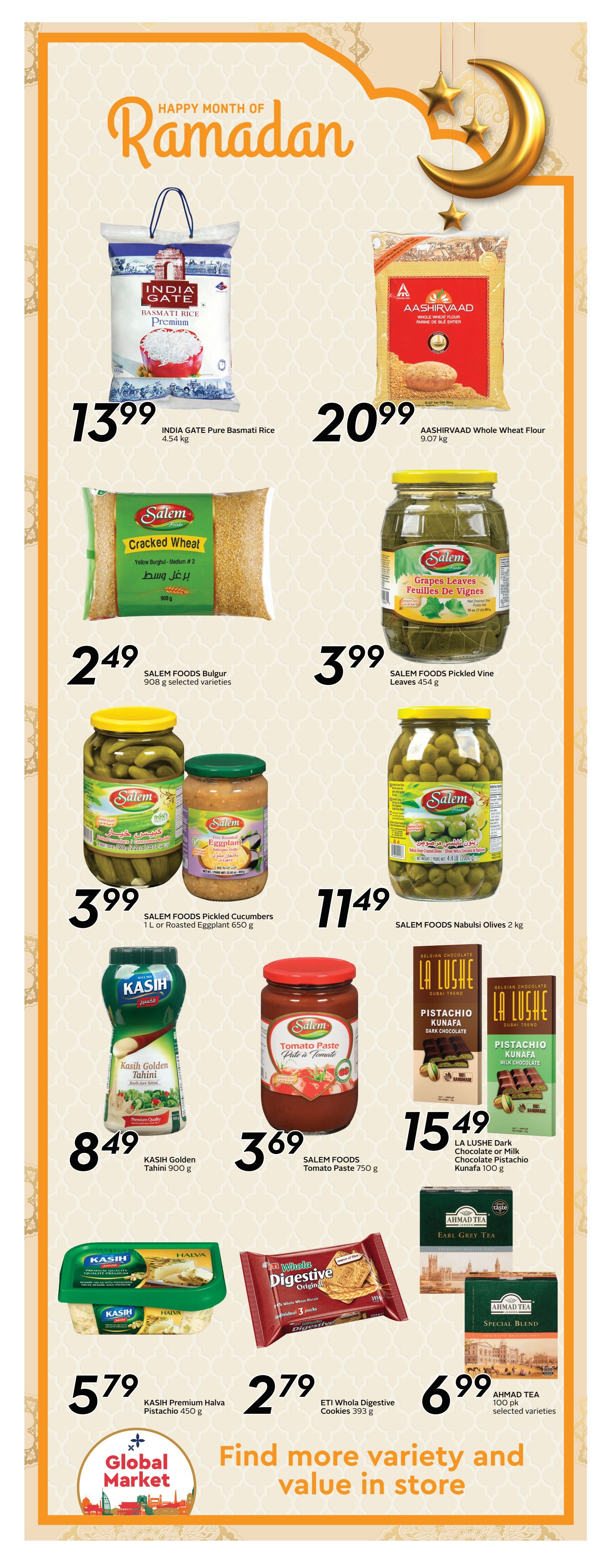 Sobeys Ontario flyer page 10 features a selection of international food items. Highlights include INDIA GATE Pure Basmati Rice 4.54 kg for $13.99, AASHIRVAAD Whole Wheat Flour 9.07 kg for $20.99, SALEM FOODS Bulgur 908 g for $2.49, SALEM FOODS Pickled Vine Leaves 454 g for $3.99, SALEM FOODS Pickled Cucumbers 1 L or Roasted Eggplant 650 g for $3.99, and SALEM FOODS Nabulsi Olives 2 kg for $11.49. Also featured are KASIH Golden Tahini 900 g for $8.49, SALEM FOODS Tomato Paste 750 g for $3.69, LA LUSHE Dark Chocolate or Milk Chocolate Pistachio Kunafa 100 g for $15.49, KASIH Premium Halva Pistachio 450 g for $5.79, ETI Whola Digestive Cookies 393 g for $2.79, and AHMAD TEA 100 pk selected varieties for $6.99. The page also includes a 'Happy Month of Ramadan' graphic and a 'Global Market' logo.