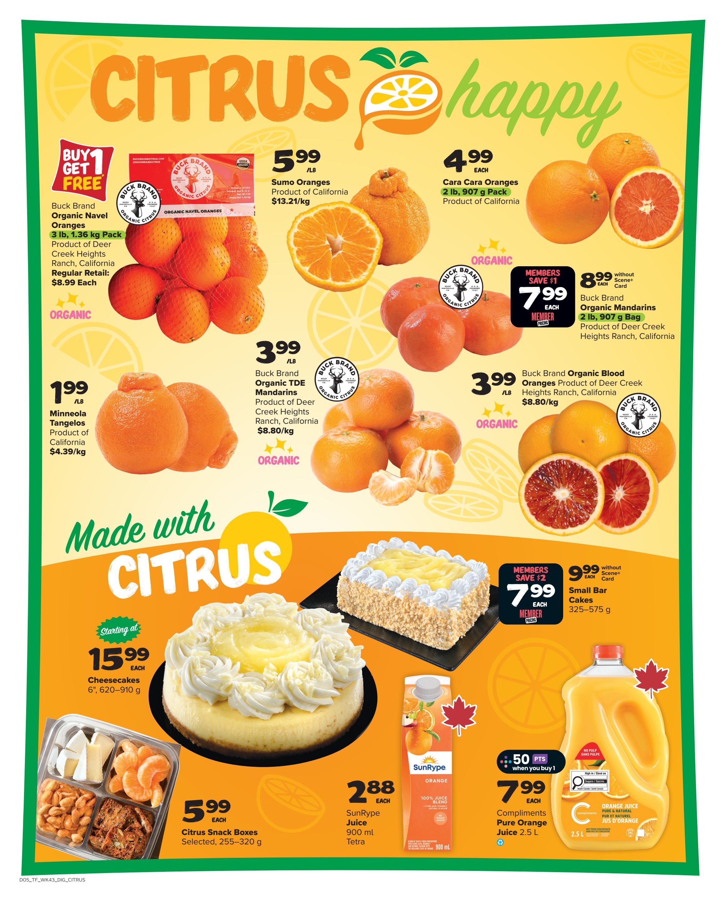 Thrifty Foods weekly flyer specials page 11 features a variety of citrus fruits and desserts. Highlighted are Buck Brand Organic Navel Oranges with a Buy 1 Get 1 Free offer, priced at $5.99/lb. Sumo Oranges from California are $5.99/lb. Minneola Tangelos from California are $1.99/lb. Buck Brand Organic TDE Oranges from Deer Creek Heights Ranch, California are $3.99/lb. Buck Brand Organic Mandarins in a 2 lb, 907 g bag are $8.99 each, with a member price of $7.99 each (save $2). Buck Brand Organic Blood Oranges from Deer Creek Heights Ranch, California are $3.99/lb. For desserts, Cheesecakes (6', 620-910 g) are starting at $15.99 each. Small Bar Cakes (325-575 g) are $9.99 each, with a member price of $7.99 each. Citrus Snack Boxes (Selected, 255-320 g) are $5.99 each. SunRype Orange Juice (100% Juice Blend, 900 ml Tetra) is $2.88 each. Compliments Pure Orange Juice (Pure & Natural, 2.5 L) is $7.99 each and includes 50 bonus points when you buy 1.