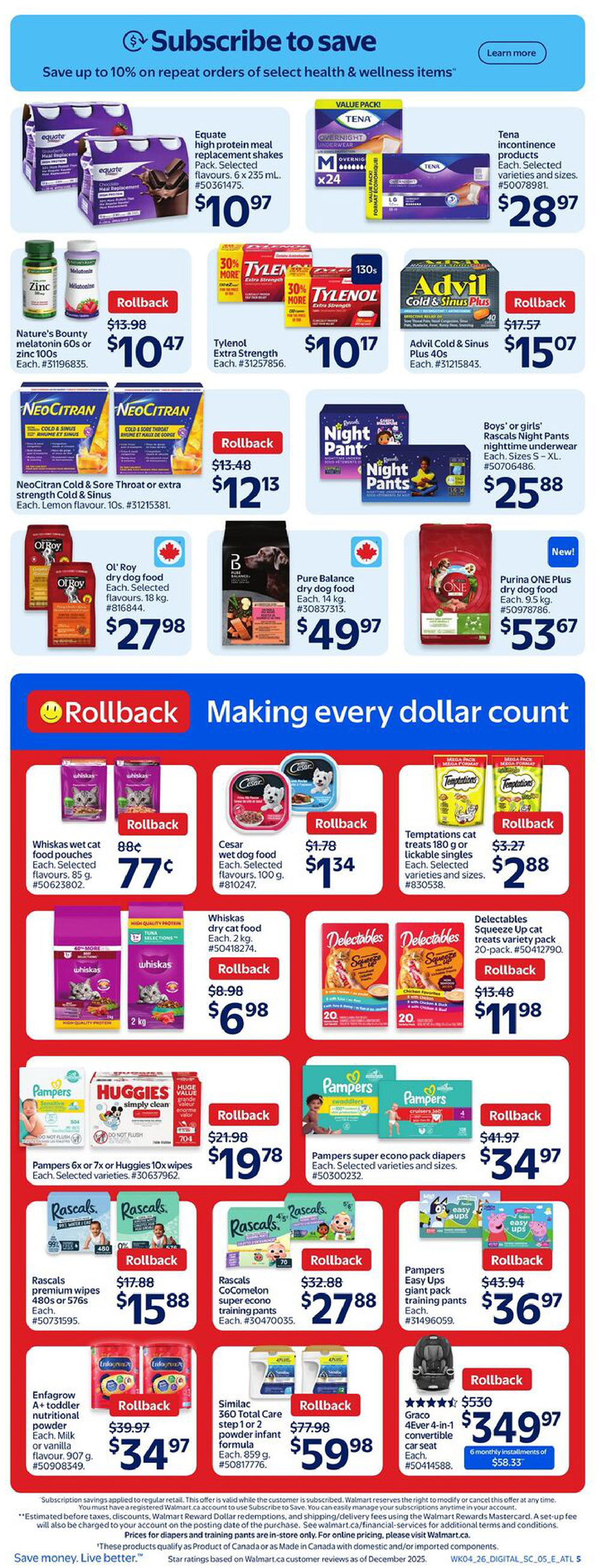 Walmart Canada weekly flyer specials page 9. Top banner: Subscribe to save up to 10% on repeat orders of select health & wellness items. Featured products include Equate high protein meal replacement shakes for $10.97, Tena incontinence products for $28.97, Nature's Bounty Vitamin 60s or Zinc 100s for $10.47, Tylenol Extra Strength for $10.17, Advil Cold & Sinus Plus 40s for $15.07, NeoCitran Cold & Sore Throat or extra strength Cold & Sinus for $12.13, Boys' or girls' Rascals Night Pants for $25.88, Ol' Roy dry dog food for $27.98, Pure Balance dry dog food for $49.97, and Purina ONE Plus dry dog food for $53.67. Rollback deals include Whiskas wet cat food pouches for $0.77, Cesar wet dog food for $1.34, Temptations cat treats for $2.88, Whiskas dry cat food for $6.98, Delectables Squeeze Up cat treats variety pack for $11.98, Pampers 6x or 7x or Huggies 10x wipes for $19.78, Pampers super econo pack diapers for $34.97, Rascals premium wipes for $15.88, Rascals CoComelon super econo training pants for $27.88, Pampers Easy Ups giant pack training pants for $36.97, Enfamil A+ toddler nutritional powder for $34.97, Similac 360 Total Care step 1 or 2 powder infant formula for $59.98, and Graco 4Ever 4-in-1 convertible car seat for $349.97 with 6 monthly installments of $58.33.