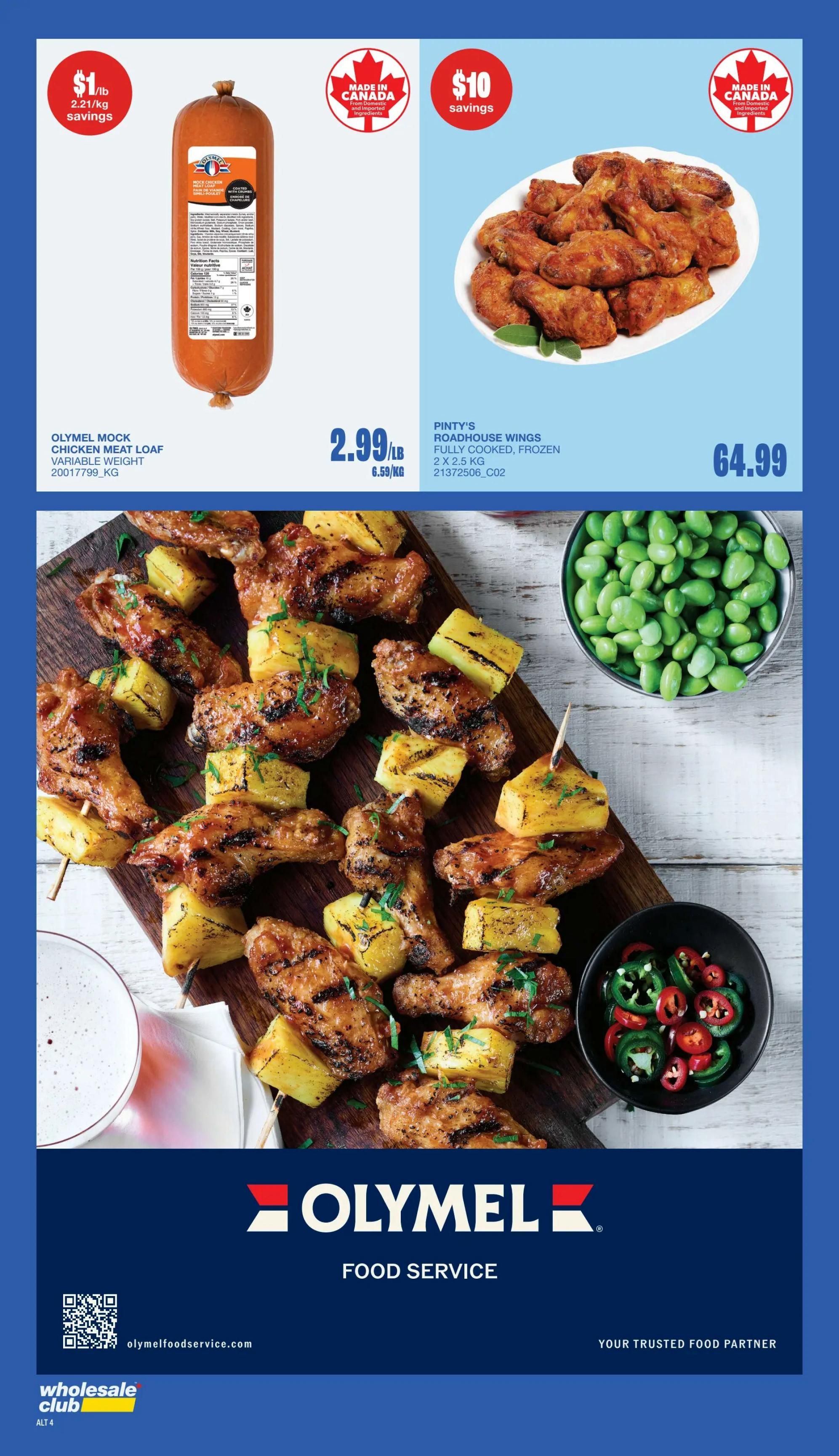 Wholesale Club Atlantic Canada flyer specials page 4. Features Olymel Mock Chicken Meat Loaf, variable weight, priced at $1/lb or $2.21/kg savings. Also features Pinty's Roadhouse Wings, fully cooked and frozen, 2 x 2.5 kg, for $64.99. The page includes a large image of grilled chicken wings with pineapple and a bowl of edamame.