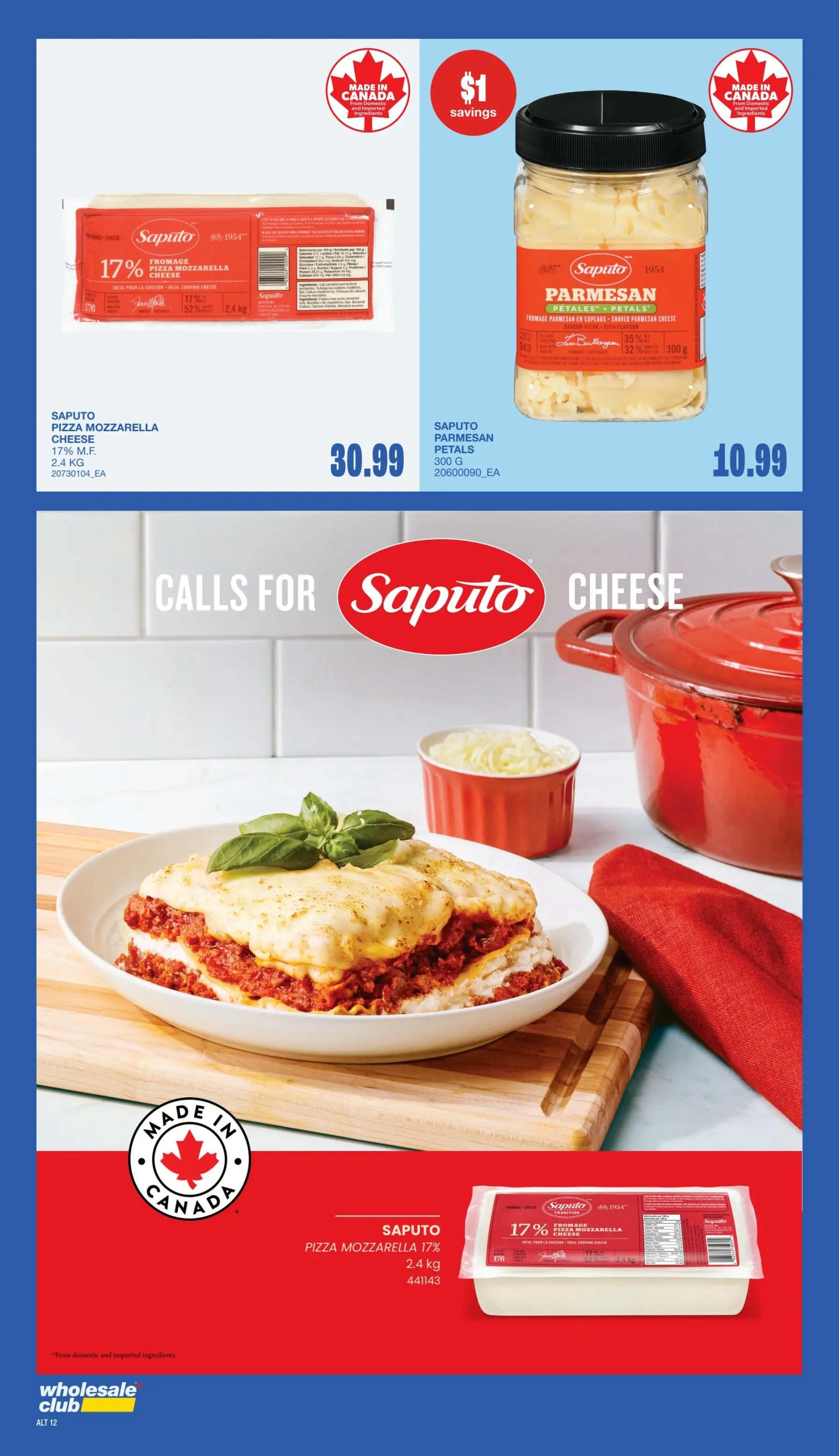 Wholesale Club Atlantic Canada flyer specials page 10 features Saputo Pizza Mozzarella cheese, 17% M.F., in a 2.4 kg package for $30.99. Also available is Saputo Parmesan Petals, 300 g, for $10.99 with a $1 savings. The page includes a large image of a lasagna dish, highlighting the use of Saputo cheese. Both products are Made in Canada from domestic and imported ingredients.