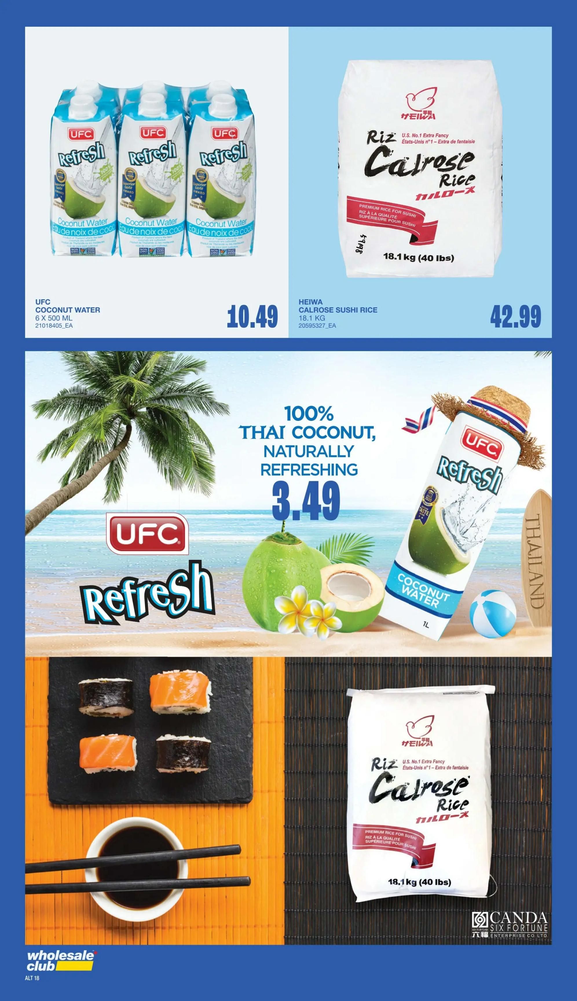 Wholesale Club flyer page 16 features UFC Refresh Coconut Water, 6 x 500 mL, for $10.49. Also featured is HEIWA Calrose Sushi Rice, 18.1 kg (40 lbs), for $42.99. A large graphic highlights 100% Thai Coconut, Naturally Refreshing, for $3.49. The page also shows sushi rolls with soy sauce and chopsticks.