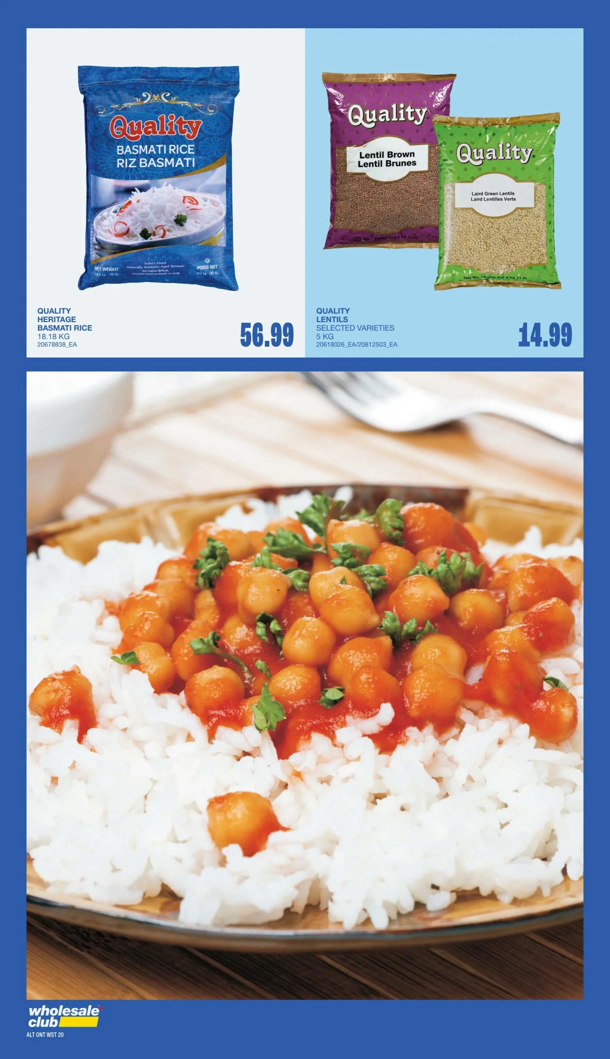 Wholesale Club flyer page 18 features Quality Heritage Basmati Rice, 18.18 kg, for $56.99. Also available are Quality Lentils in selected varieties, 5 kg, for $14.99, including brown lentils and green lentils. The page also displays a large appetizing image of rice with chickpeas in sauce.