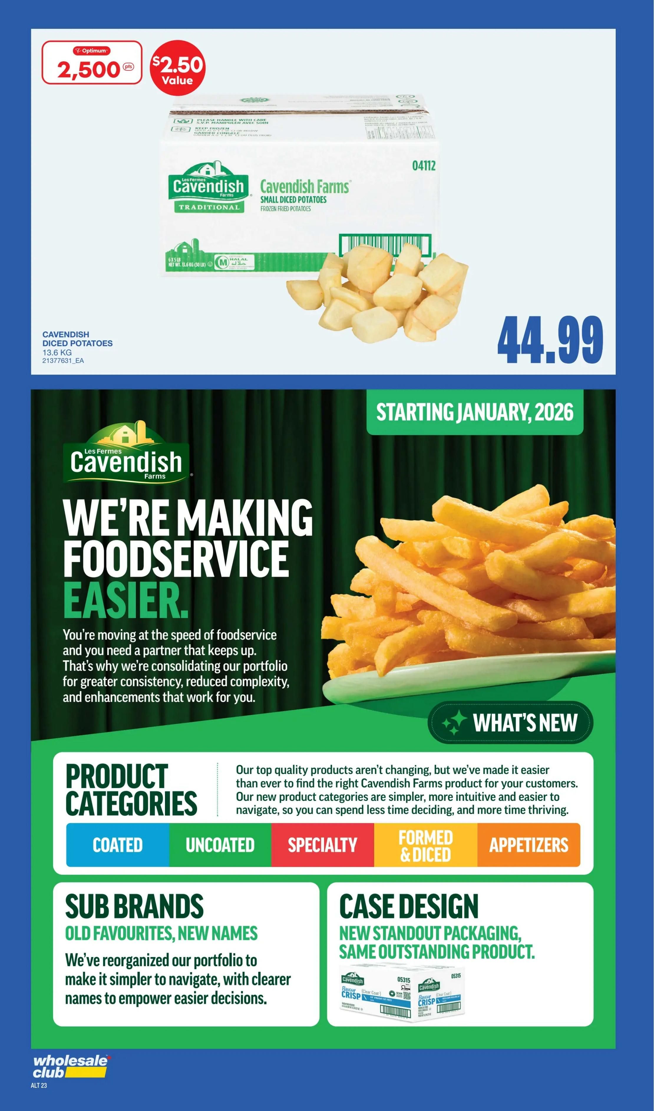 Wholesale Club Atlantic Canada flyer specials page 21 features Cavendish Farms Traditional Small Diced Potatoes, 13.6 kg (30 lb) for $44.99. There is also a promotion for 2,500 Optimum points value. The page highlights Cavendish Farms' commitment to making foodservice easier with a focus on product categories like Coated, Uncoated, Specialty, Formed & Diced, and Appetizers. It also announces a 'What's New' section and a 'Case Design' update with new standout packaging for their outstanding products, showcasing Cavendish Crispy Flavour Straight Cut Fries. The flyer is valid from February 19, 2026, to March 11, 2026.