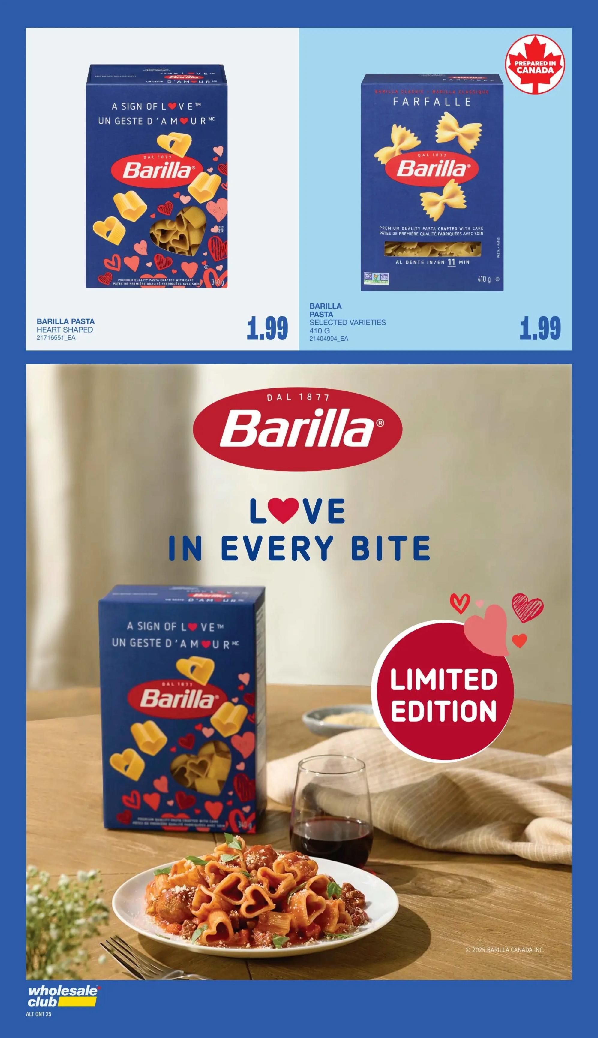 Wholesale Club Atlantic Canada flyer specials page 23 features Barilla pasta. Two varieties are shown: Barilla Pasta Heart Shaped, 340g, priced at $1.99, and Barilla Pasta Selected Varieties, 410g, also priced at $1.99. The page highlights a 'Limited Edition' with a 'Love in Every Bite' theme, showcasing a dish of heart-shaped pasta with sauce and meatballs, accompanied by a glass of red wine. Both pasta boxes are marked as 'Prepared in Canada'.